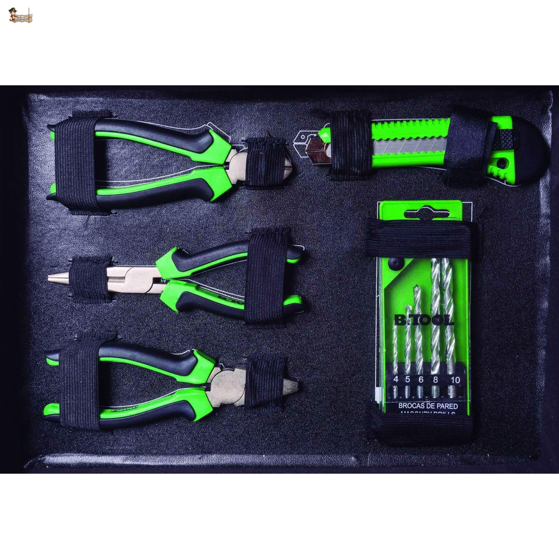 BricoLoco Maletín caja herramientas completo. Kit surtido básico bricolaje hogar. Set organizador. Maleta con herramientas de mano, medición, brocas…