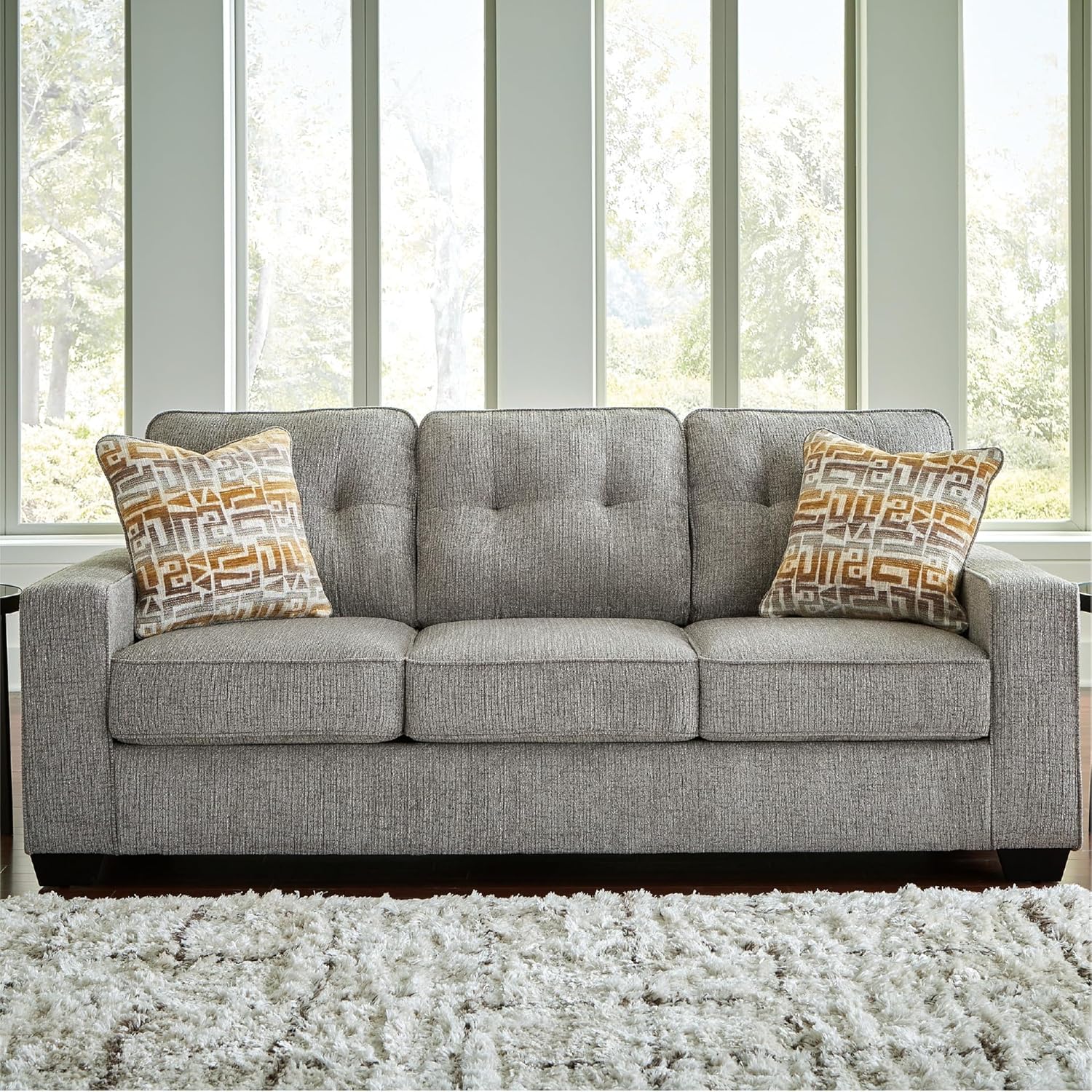 Signature Design by Ashley Fanciful Classic Sofa Sleeper with Tufted Cushion, Removable Cushion, and Bi-Fold Memory Foam Mattress, Queen, Light Gray
