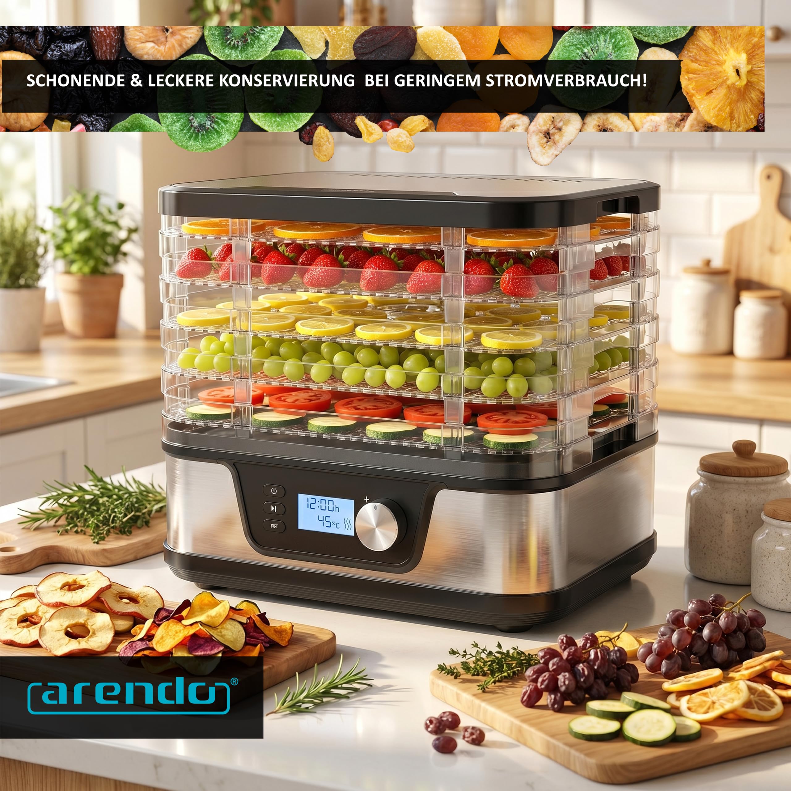 Arendo - Dörrautomat Edelstahl mit Temperaturregler - Edelstahl Dörrgerät für Lebensmittel Fleisch Früchte Gemüse - mit Timer bis zu 24 h - 35-75 Grad - 5 Einlegefächer - GS - Dehydrator - BPA frei