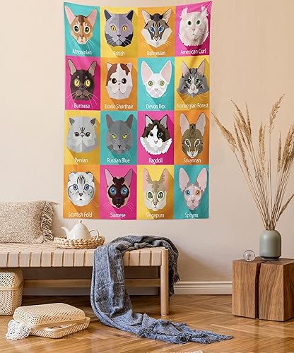Ambesonne Tapiz para amantes de los gatos, razas populares abisinio, americano, esphynx, bosque noruego, plegable, colgante de pared para