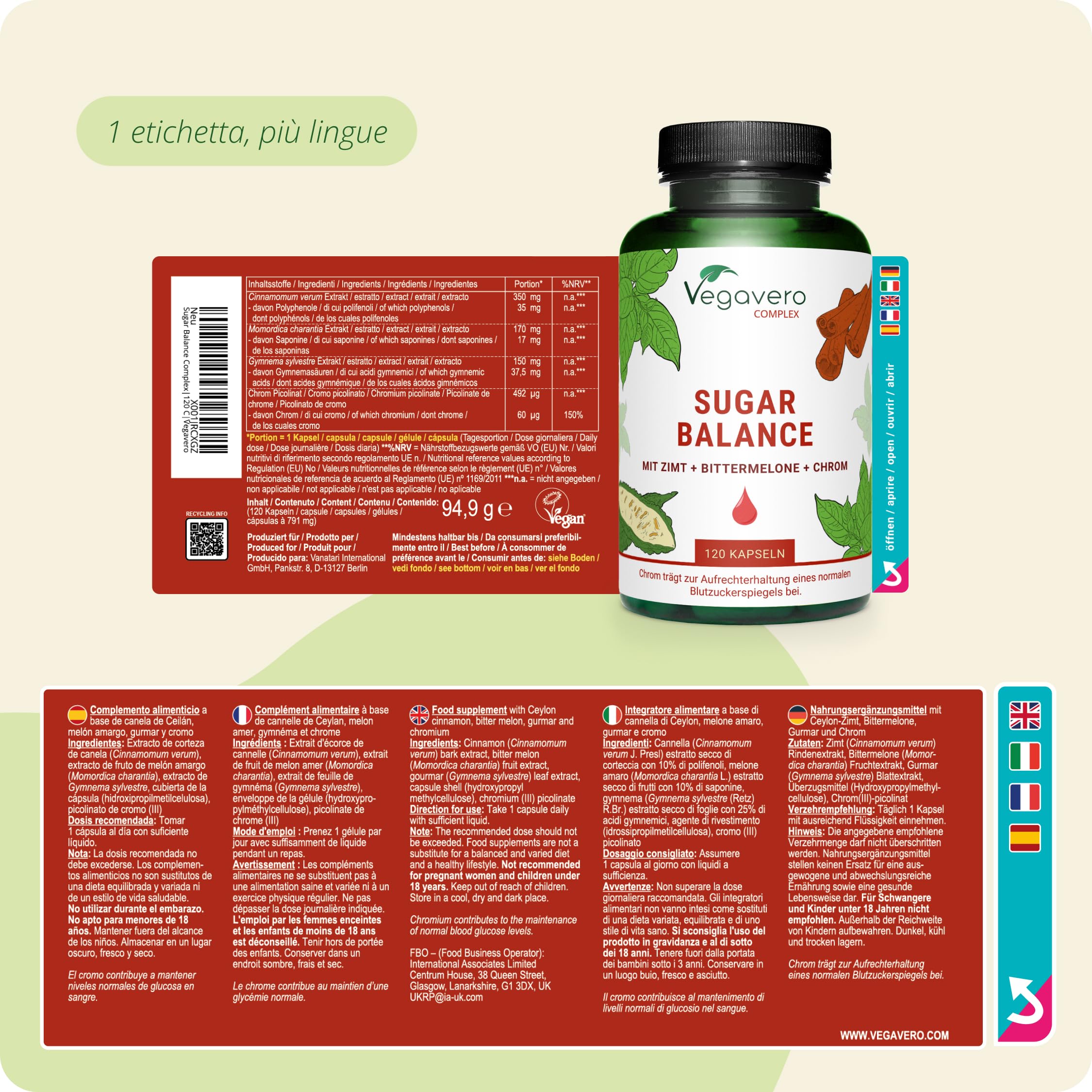 Integratore GLICEMIA Vegavero | 120 capsule | con Cromo, Gymnema Sylvestre, Cannella Ceylon e Momordica Charantia | Cromo Picolinato | Senza Additivi | Vegan