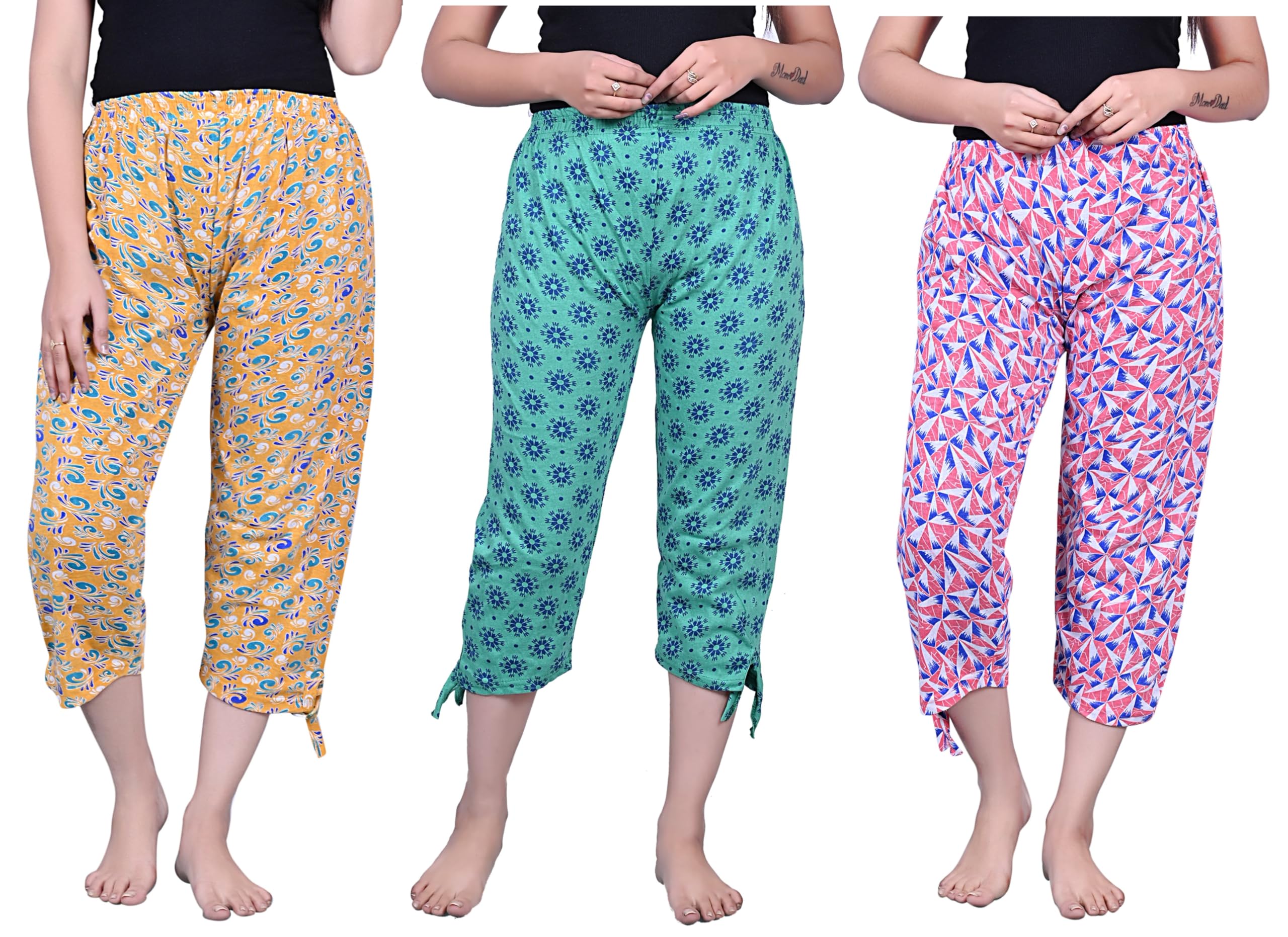 tvesa Women's Cotton Capri for Women, Nightwear Printed 3/4 Pyjama Prints May Vary (Assorted colours) combo pack of 3-picture-4