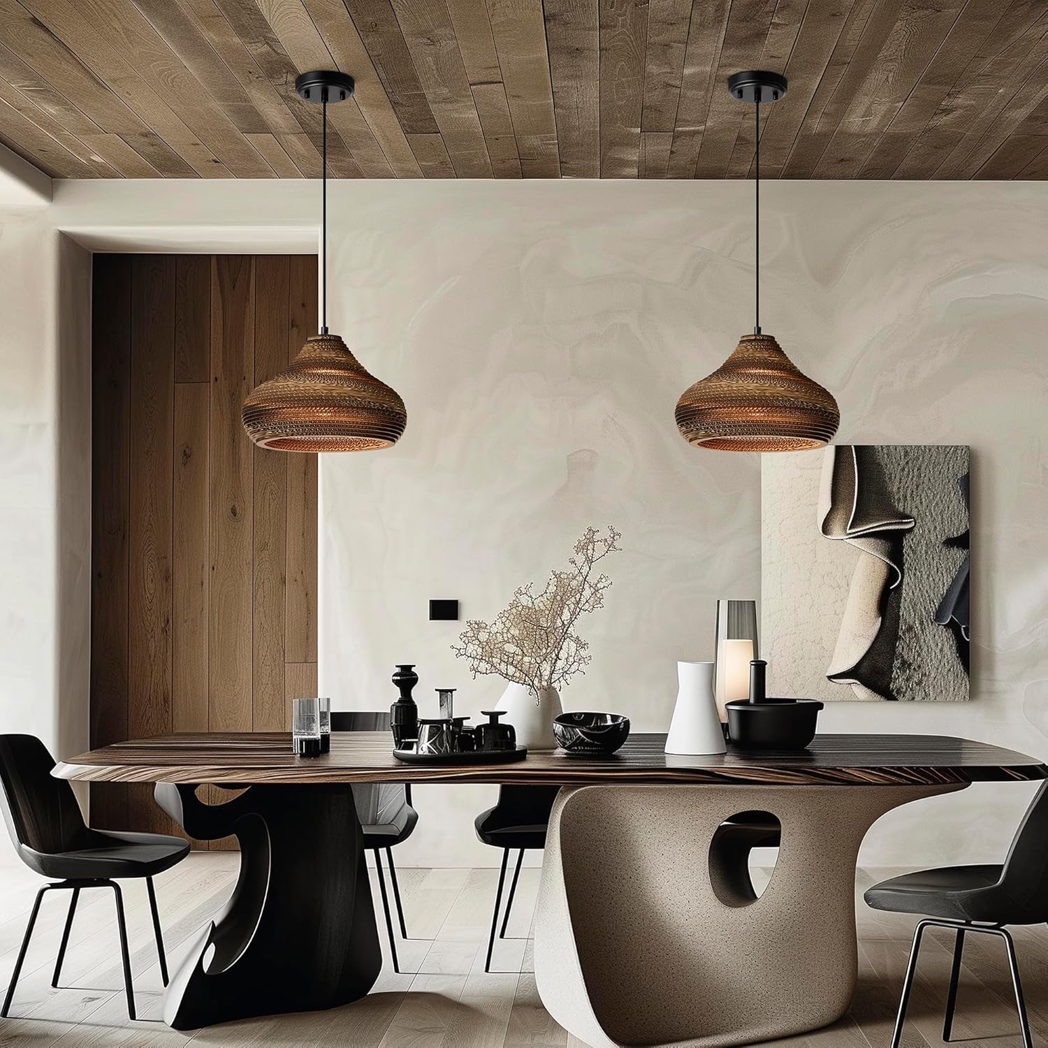 Edvivi Nordic Pendant Light, Modern Black Hanging Light Fixture with Brown Origami Paper Shade, Adjustable Height Hanging Lamp for Bedroom, Kitchen, Living Room, Dining Table