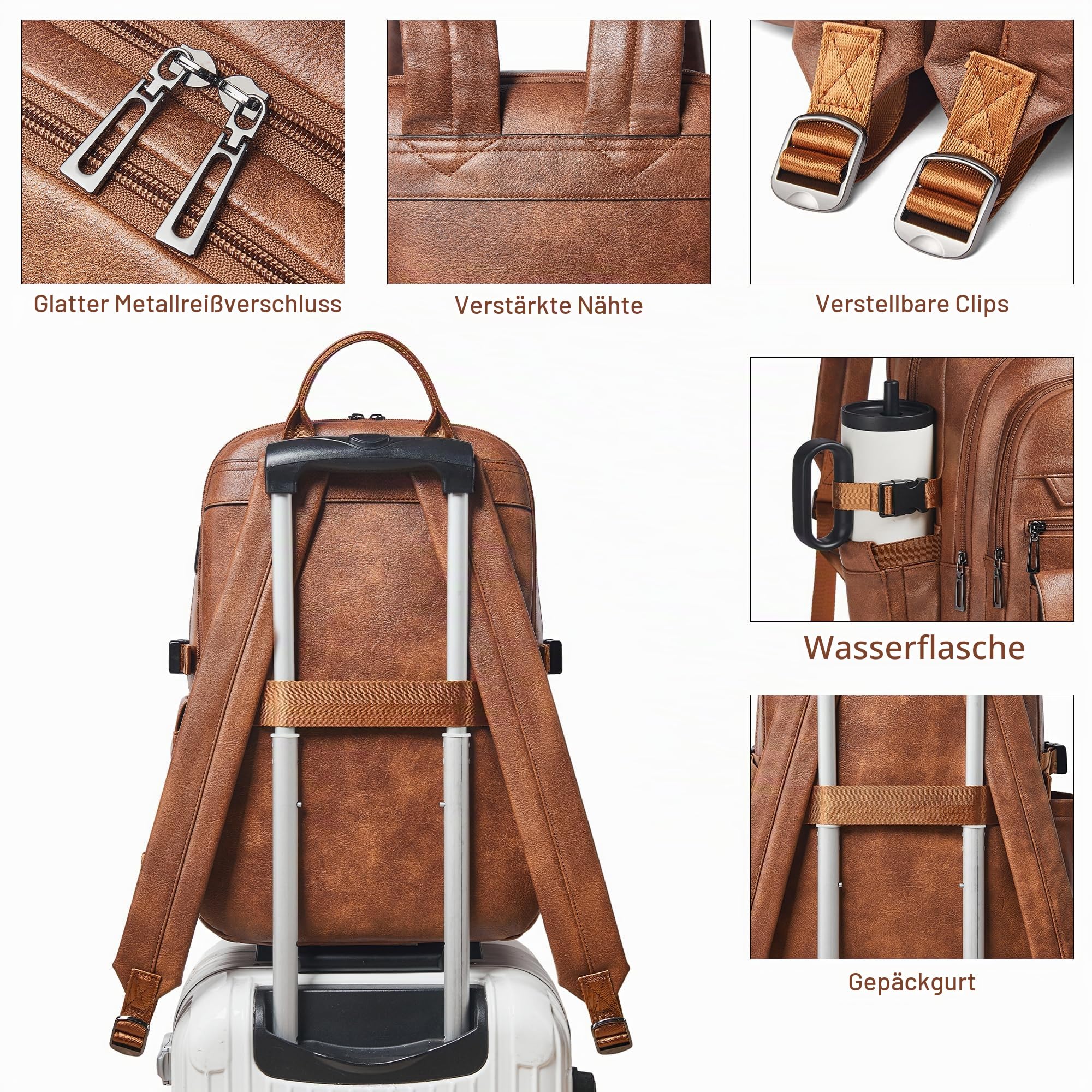 Veganer Lederrucksack, Reiserucksack für Damen und Herren, passend für 17 Zoll Notebook mit Koffergurt, Braun
