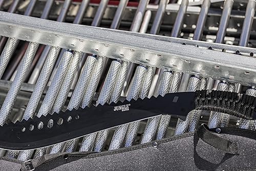 Miniatura 3 de JM-031B Machete, hoja serrada inversa negra, mango envuelto en cordón negro, 21 pulgadas en total.