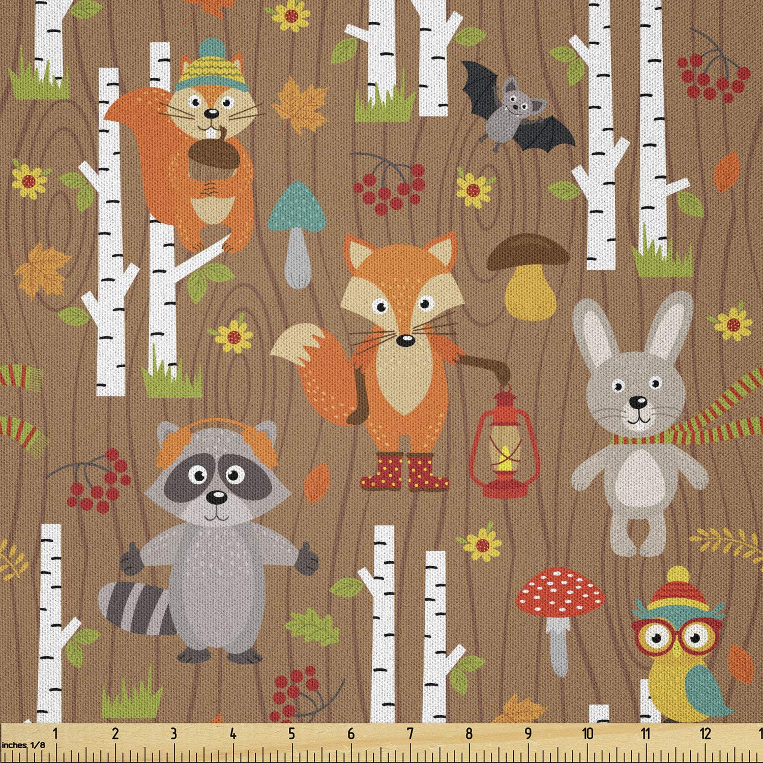 Ambesonne Woodland Fabric by The Yard, Cartoon Pattern with The Animals of The Forest on Wood Background Seasonal Theme, Microfiber Fabric for Arts and Crafts Textiles & Decor, 1 Yard, Pale Brown