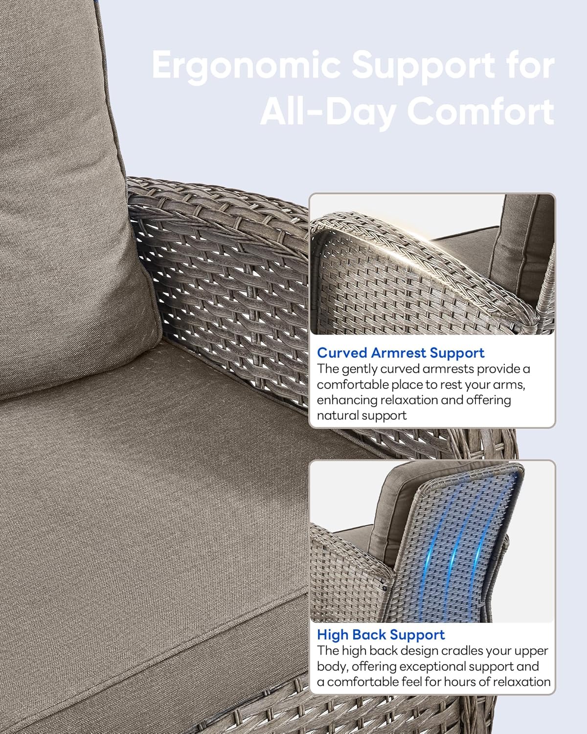 6 Pieces Patio Wicker Furniture Set-Outdoor Swivel Chairs Set of 2 Outdoor Glider Love seat with Outdoor Footstool Patio Furniture for Deck Porch Garden Balcony Poolside-Grey/Grey