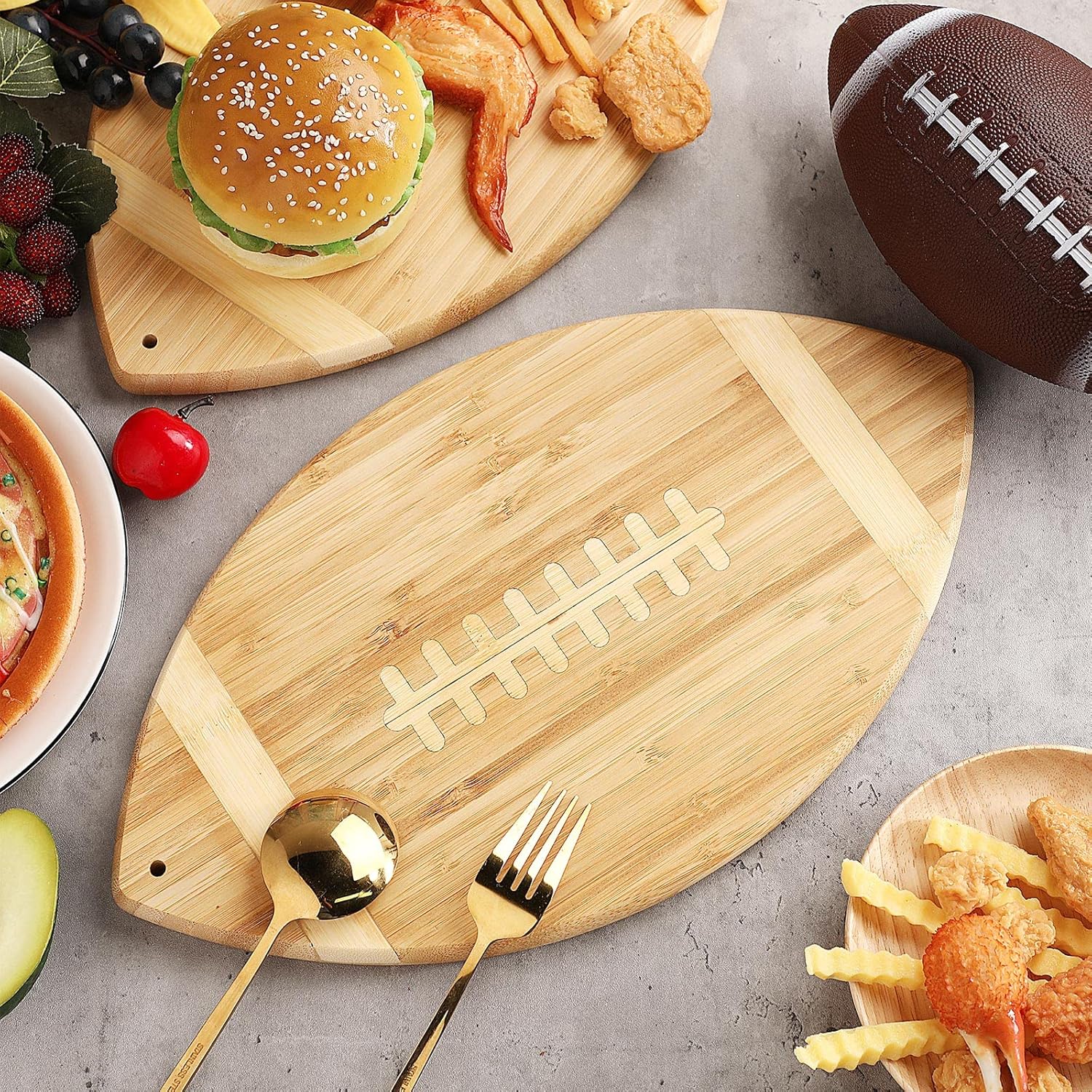 Foaincore 2 Pieces Football Shaped Cutting Board Bamboo Charcuterie Serving Tray Gift Set 15 Inch for Football Lovers Touchdown Themed Party Decoration Favor Supplies - Image 3