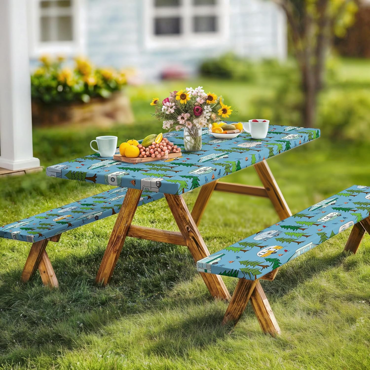 JAWO Picnic Table Cover with Bench Covers Outdoor Camping Essentials Windproof Waterproof Fitted Picnic Table Cloth Wood Texture Fitted Picnic Tablecloth with Elastic, 30x96in