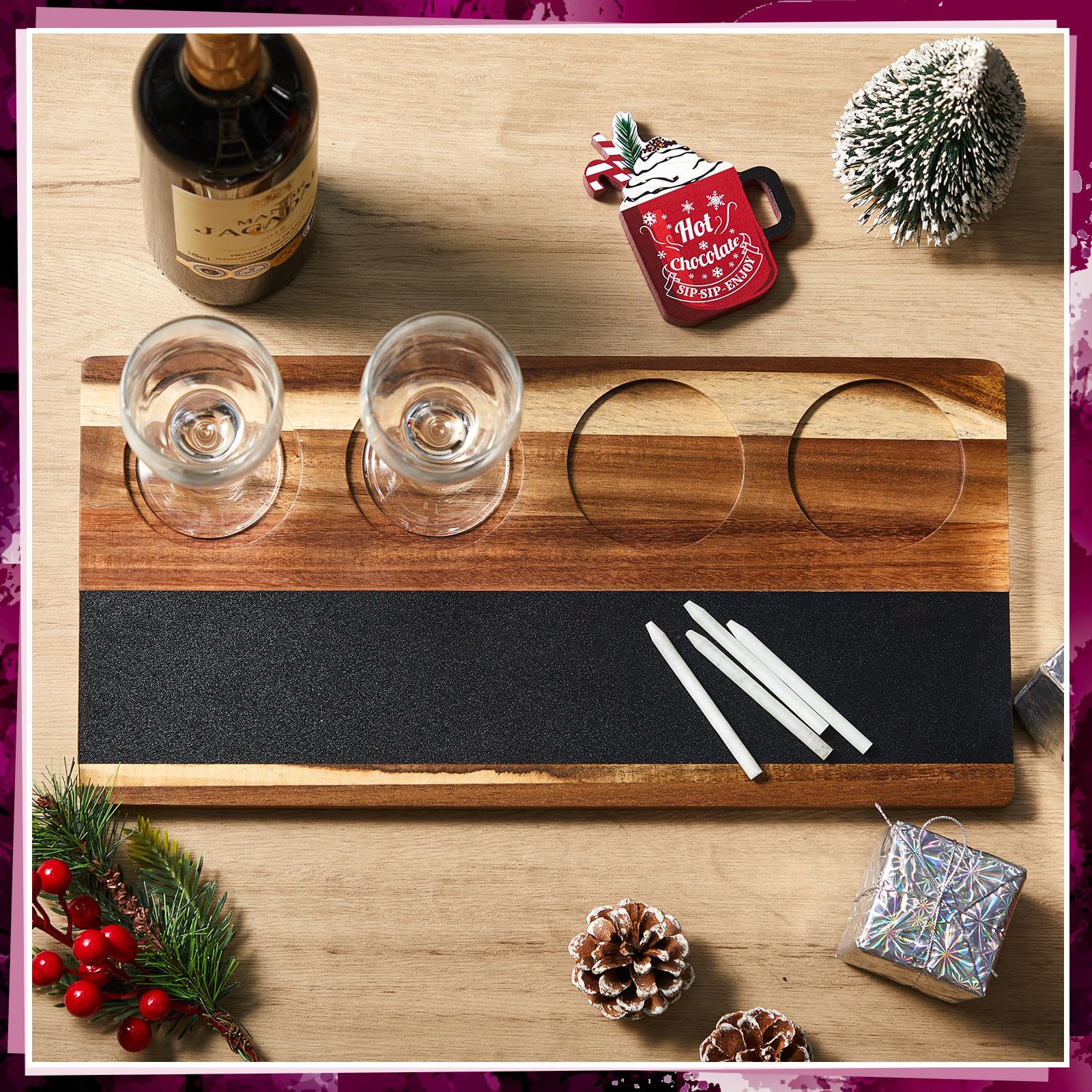 Marsui Set da 7 pezzi per degustazione di vino, include 1 tavola da whisky in legno, 4 bicchieri da volo, 2 gessetti in pietra ollare per birra, cocktail, caffè, forniture per feste di degustazione di