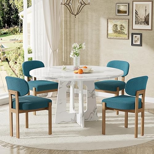 Miniatura 15 de Moderno juego de mesa de comedor de 5 piezas con 4 sillas, mesa de comedor redonda de madera de nogal MDF, sillas tapizadas de tela gris con patas