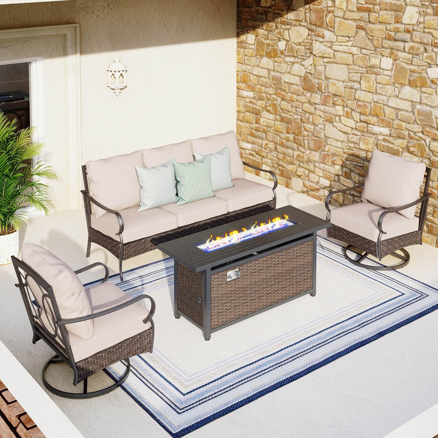 MFSTUDIO Oversize Outdoor Patio Furniture Set with 56" Fire Pit Table, 4 PCS Heavy