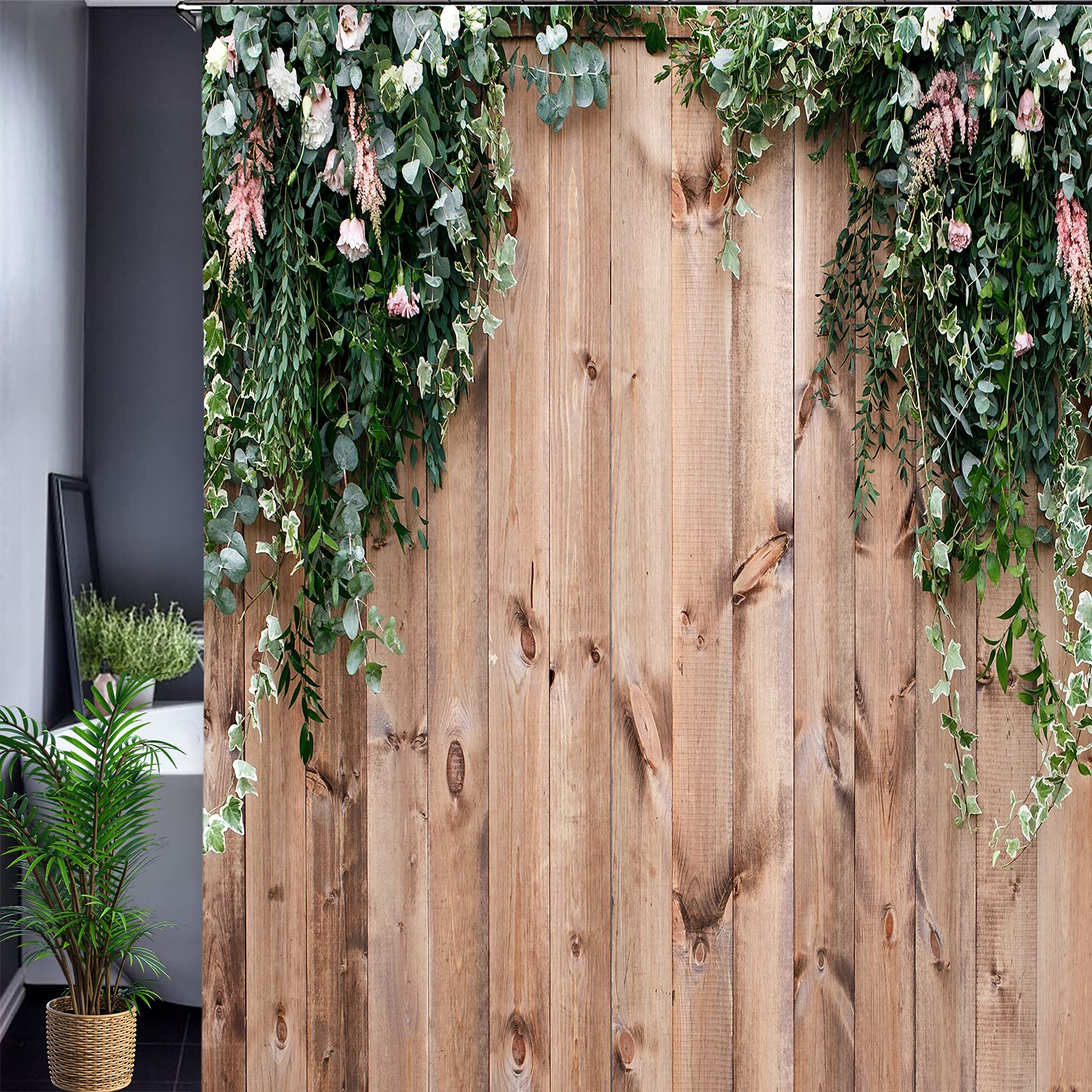 JOOCAR Bathroom Decorative, Wooden Fence Fresh Spring Greens Flowers and Leaf Plant on Wood Board - Image 4