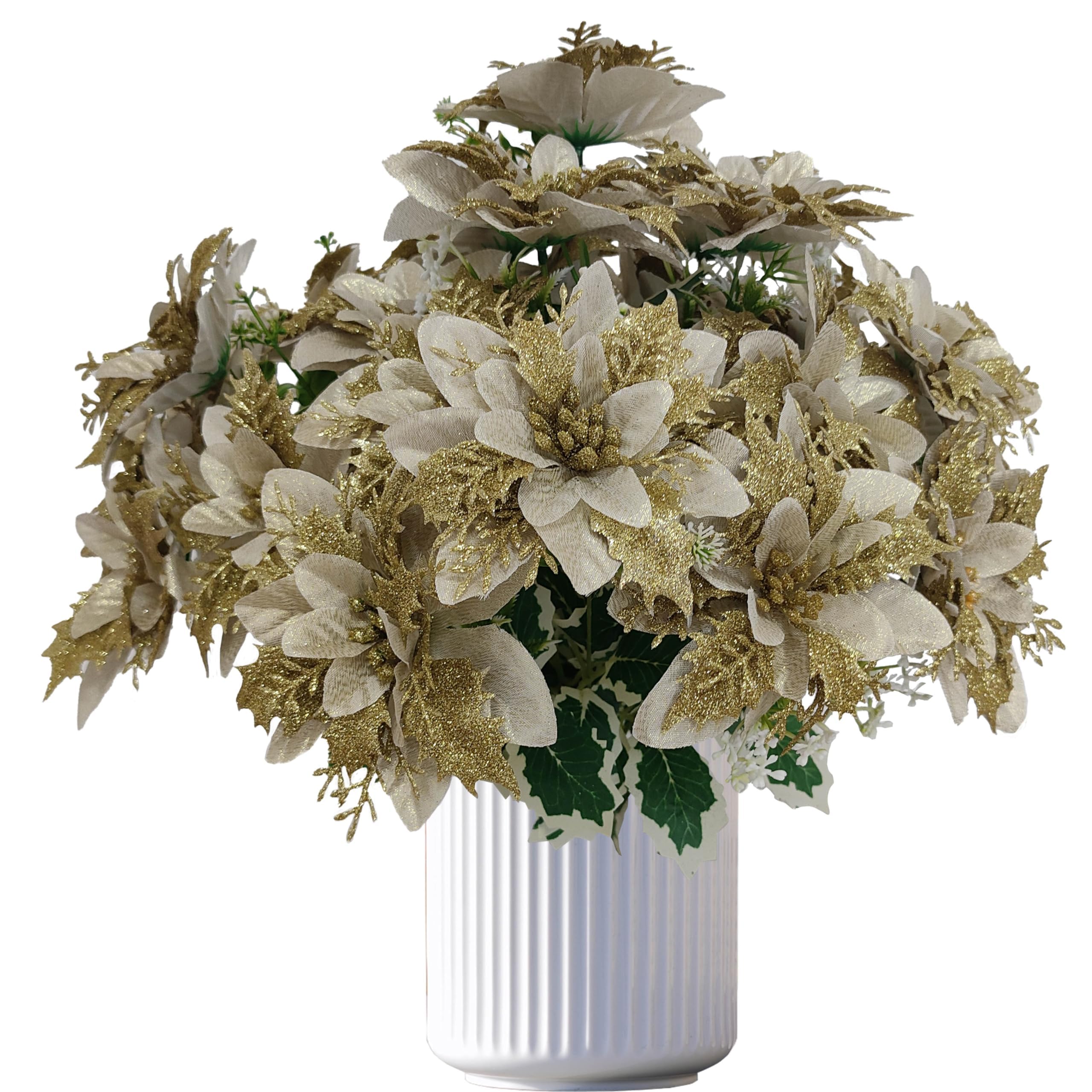 6 Pcs 17'' Gold Christmas Poinsettia Flowers Artificial, 5 Forks Silk Poinsettia Christmas Floral Bouquet Winter Artificial Poinsettia Bushes for Xmas Party Holiday Arrangements (6, Gold)