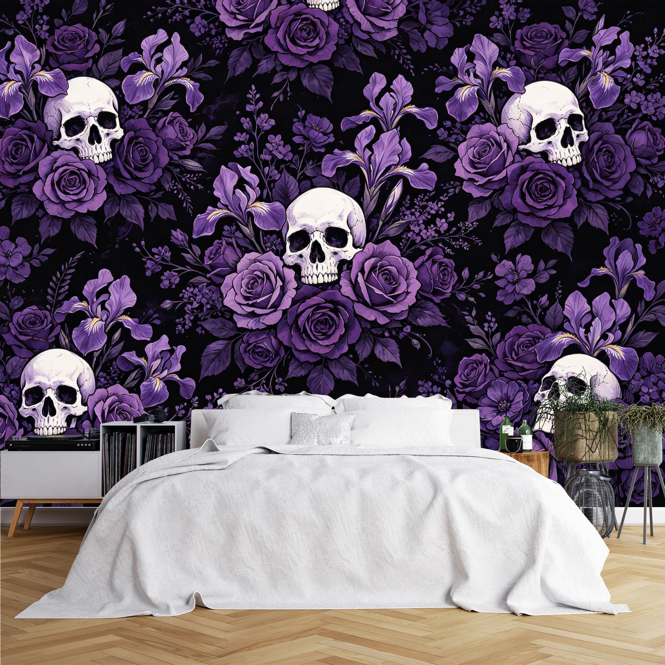 Lcythiazole Ch260615012 Custom Size Wall Murals Purple Rose Skull Floral Pattern Wall Murals Realistic Wall Stickers Wallpaper Self-Adhesive Removable Wallpaper For Goth Bedroom