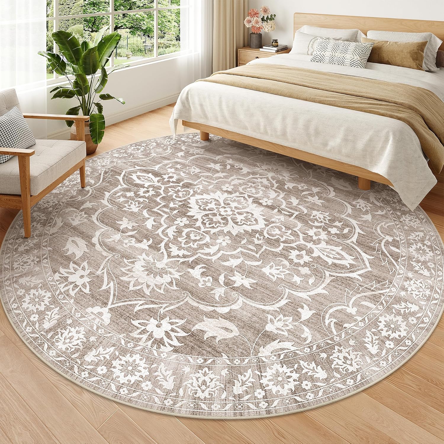 Washable Round Rug 9ft for Living Room, Soft Ultra-Thin Non-Slip Vintage Floral Circle Area Rug, 9x9 Round Throw Carpet for Dining Room Nursery Bedroom Kitchen (Light Brown, 9'Round)