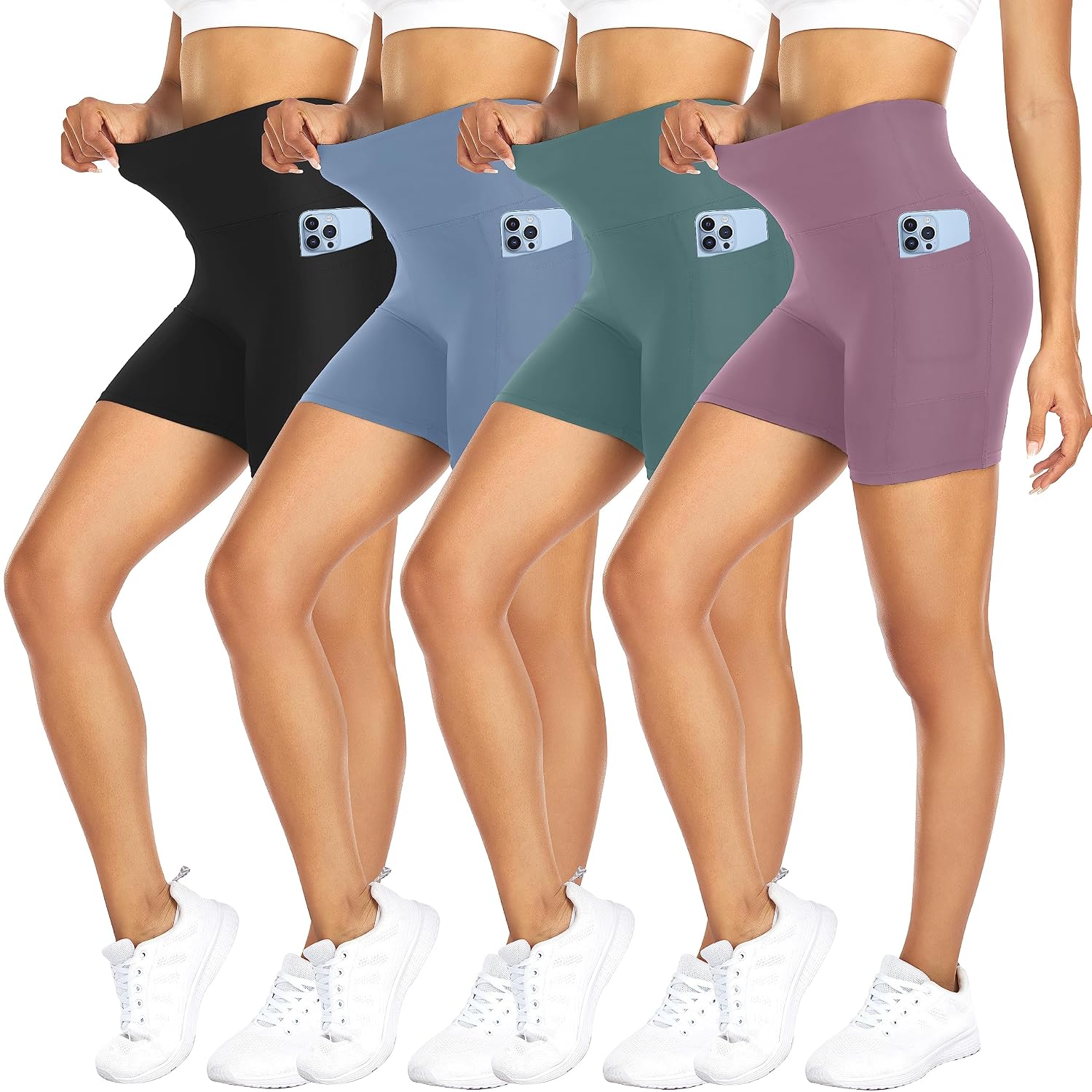 FULLSOFT 4 Pack Biker Shorts for Women with Pockets – 5" High Waisted Tummy Control Workout Yoga Running Gym Tennis Shorts - Image 9
