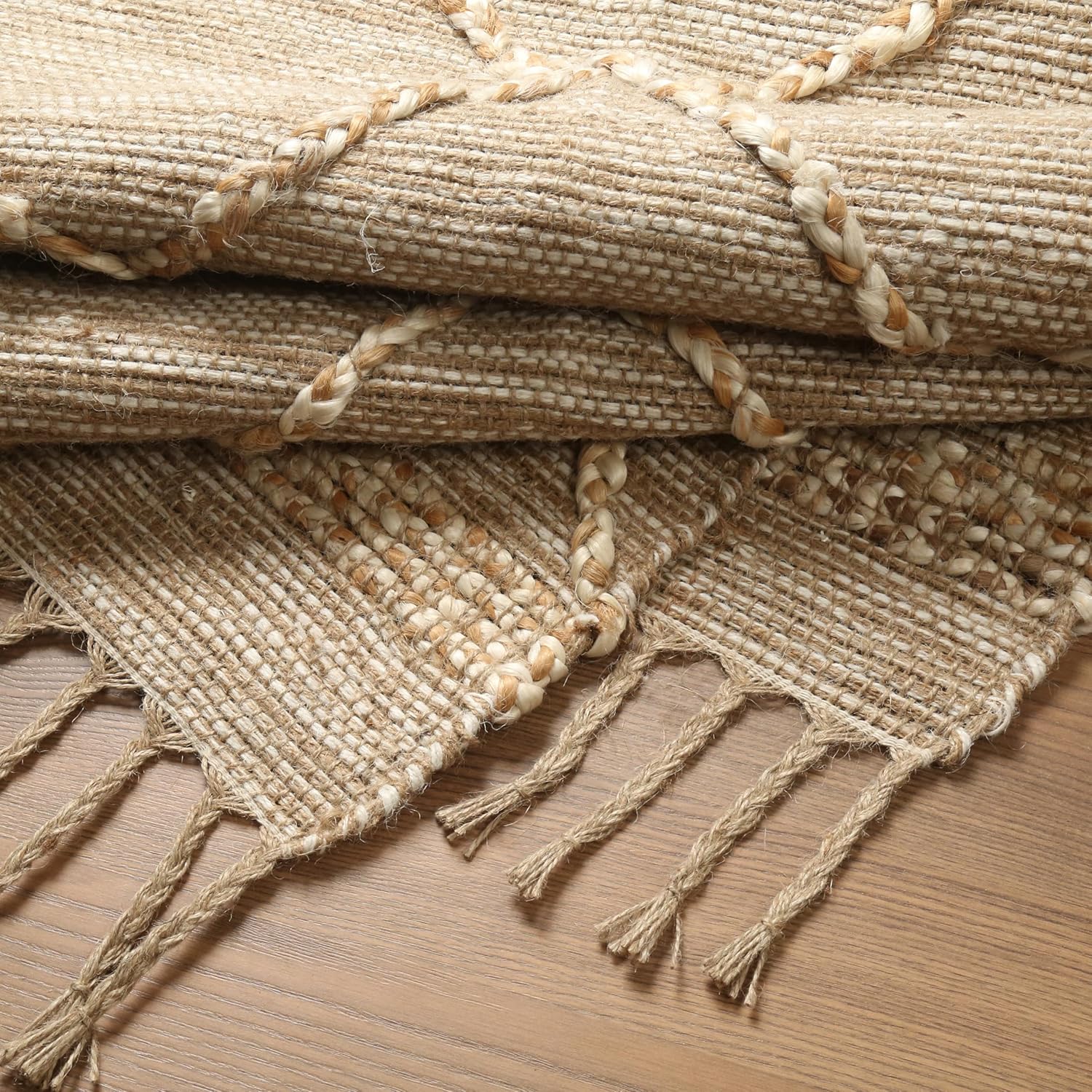 Hausattire Jute Boho Area Rug 4'x6' - Natural Beige, Non Slip Large Diamond Checkered Carpet for Living Room, Kids Playroom, Bedroom Floor | Farmhouse Decorative Woven Rugs - 48x72 Inch