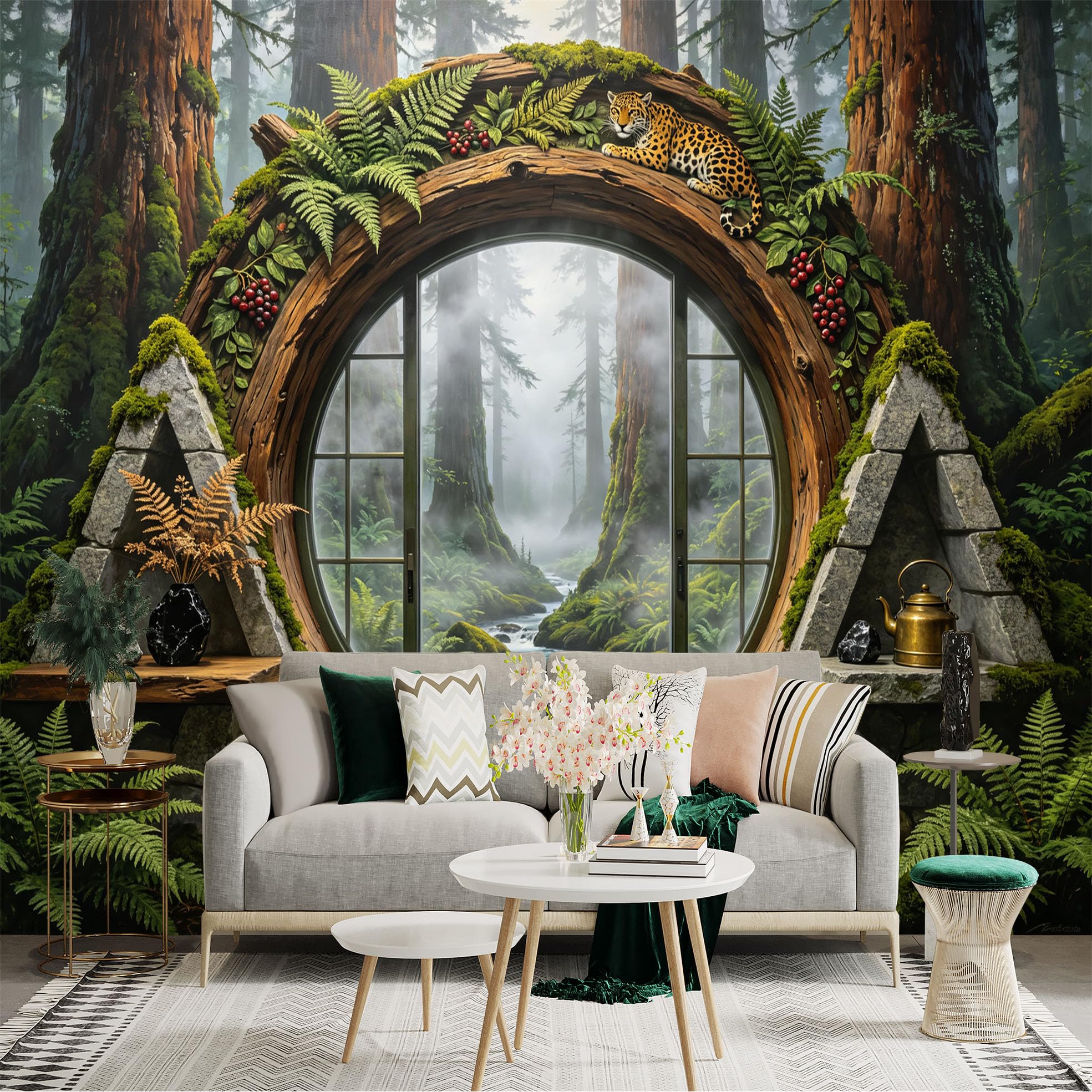 Custom Size Wall Sticker Mural， Misty Forest Stream， Rustic Woodland Window， Ferns and Leopard， for wall Decoration， peelandstick wall Decals.