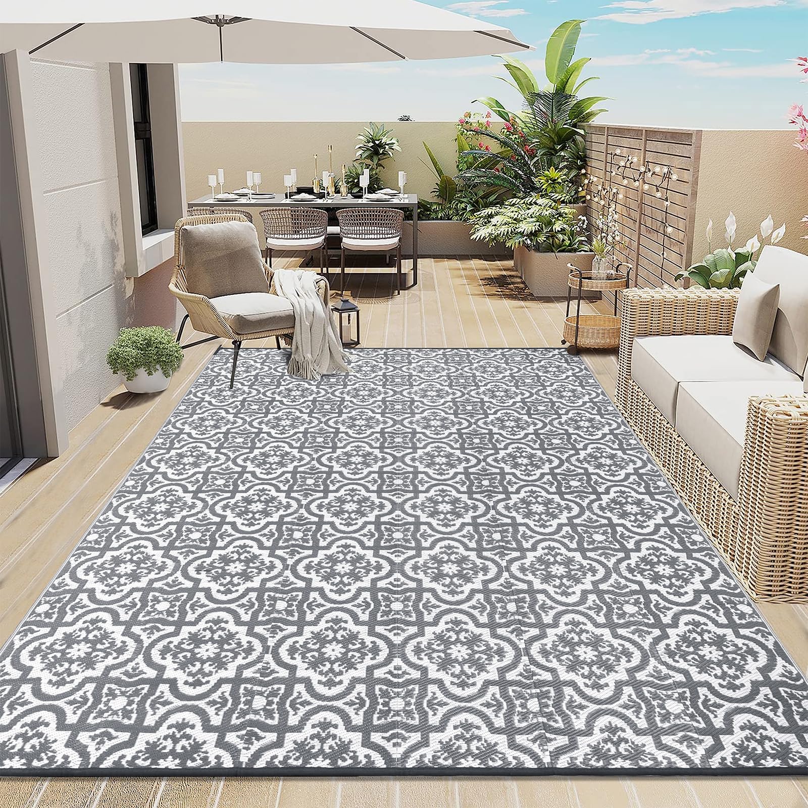 Enyhom Große Outdoor-Teppiche für den Garten, wasserdicht, 240 x 300 cm, wendbare Outdoor-Matten, Kunststoff-Strohteppich, tragbar, faltbar, Picknick, gewebter Teppich für Wohnmobil, Terrasse, Grau