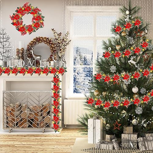 Miniatura 3 de Ceenna 4 guirnaldas de Pascua de Navidad con luces de 26 pies preiluminadas, flores de Pascua artificiales de Navidad con bayas, hojas de acebo,