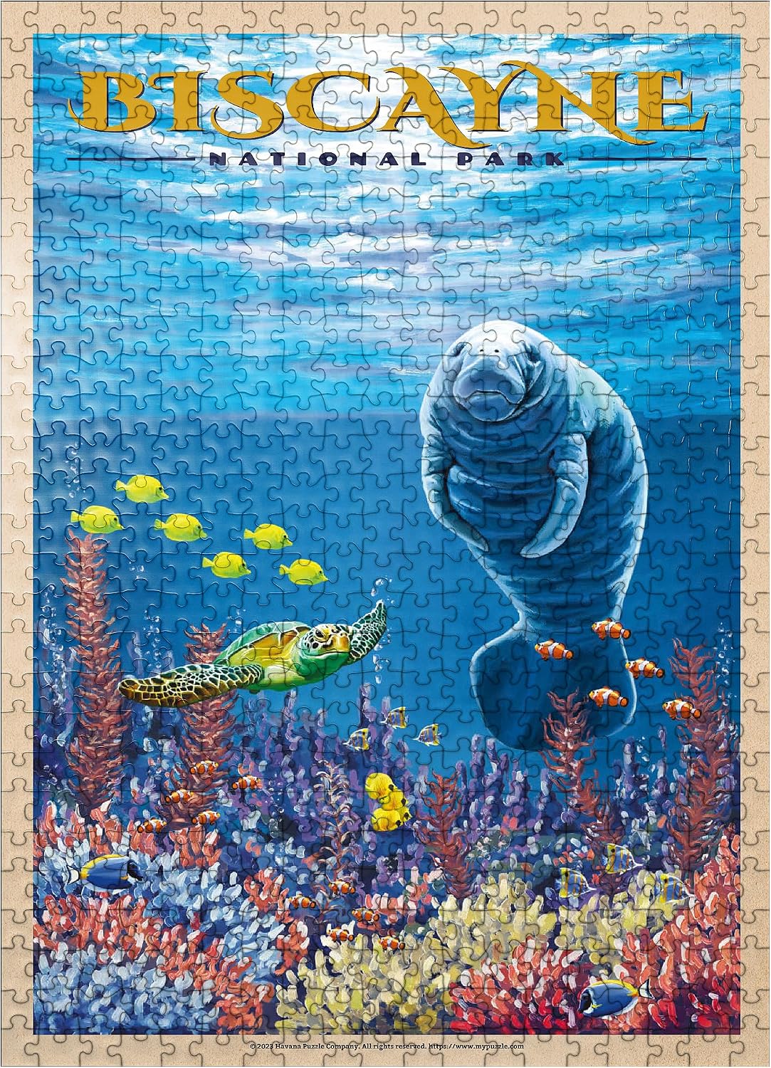 MyPuzzle Biscayne National Park - Manatees Whispering Beneath, Vintage Travel Poster - Premium 500 Piece Jigsaw Puzzle for Adults