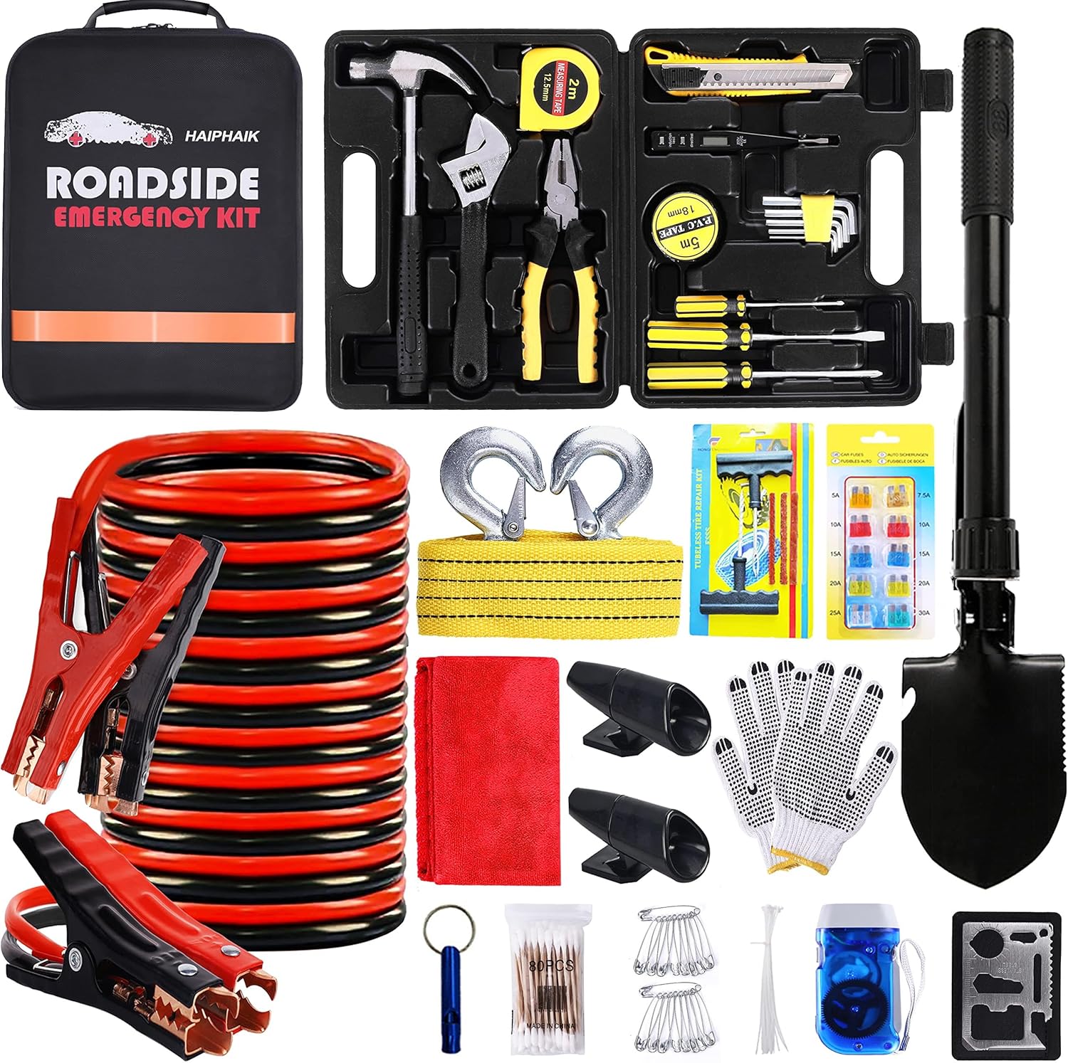Car Emergency Roadside Kit - Roadside Assistance Emergency Kit, Car Emergency Kit with Jumper Cables, Safety Kits for Cars,Folding Shovel, Tow Rope,Car Tool Kit