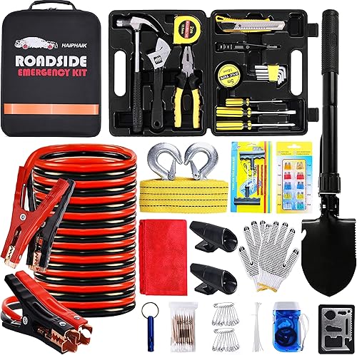 Kit de emergencia en carretera para automóvil con cables de puente, pala plegable y cuerda de remolque