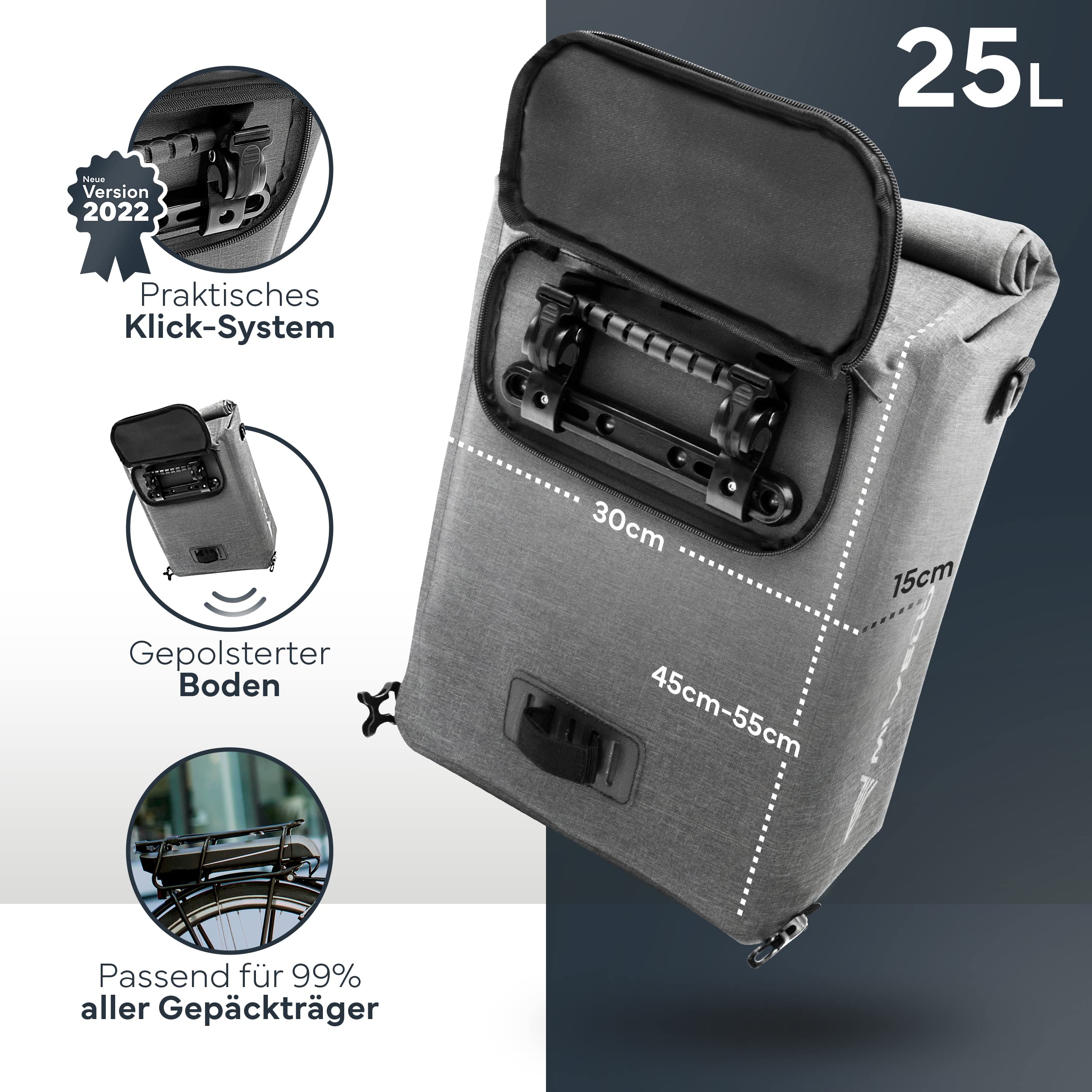 LifeGoods Enkele Fietstas - 25L - Waterdicht - Schoudertas en Rugtas - Geschikt voor Elektrische Fietsen - Grijs