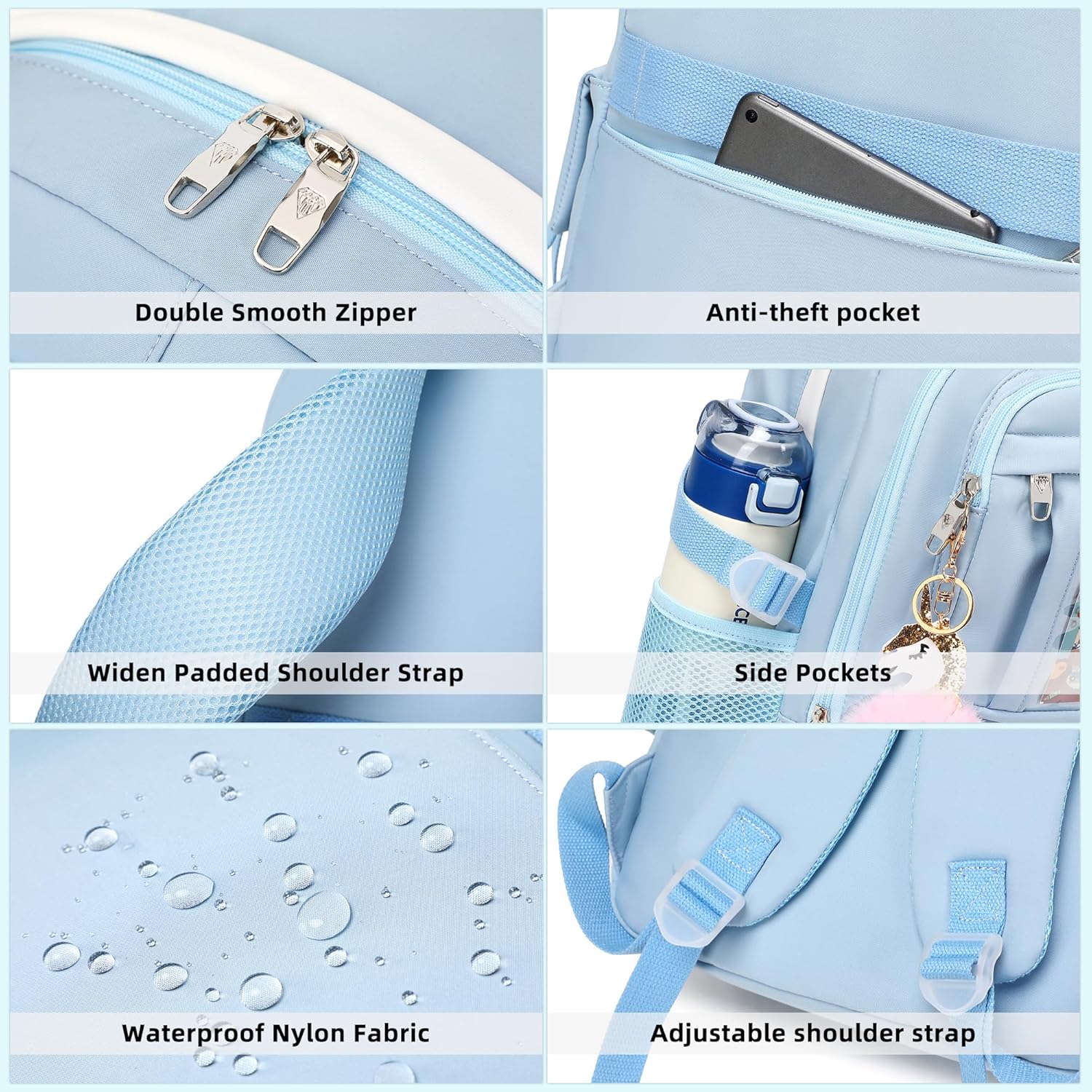 Backpack for Girls with Accessories Laptop Bookbags 16 Inch Kawaii Kids Elementary Middle High School Bag College Travel Daypack Gifts for Teens Women Students (Blue) - Image 4