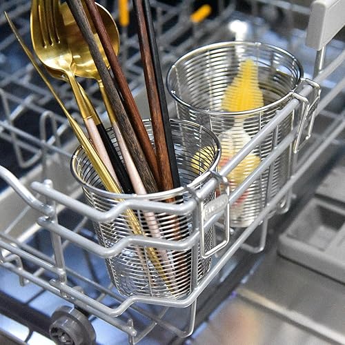 Miniatura 6 de Donxote Juego de 2 cestas de acero inoxidable para lavavajillas, estante de secado de utensilios y organizador de cocina para limpiar, secar y