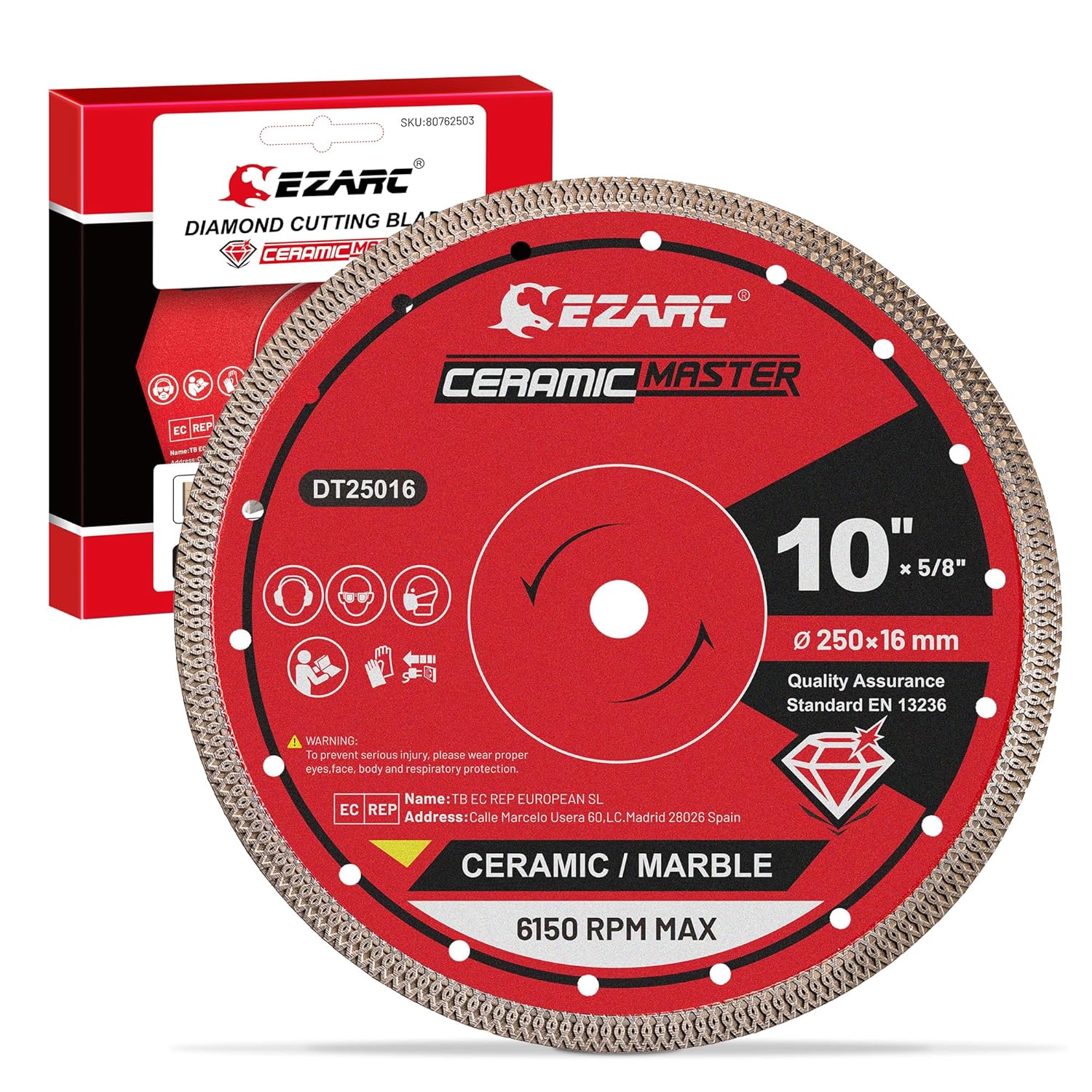 EZARC 10 Inch Super Thin Diamond Saw Blade, 10" Diamond Saw Blades for Angle Grinder, Smooth Cutting for Porcelain Ceramic Granite Marble-5/8 Arbor (1-Pack)