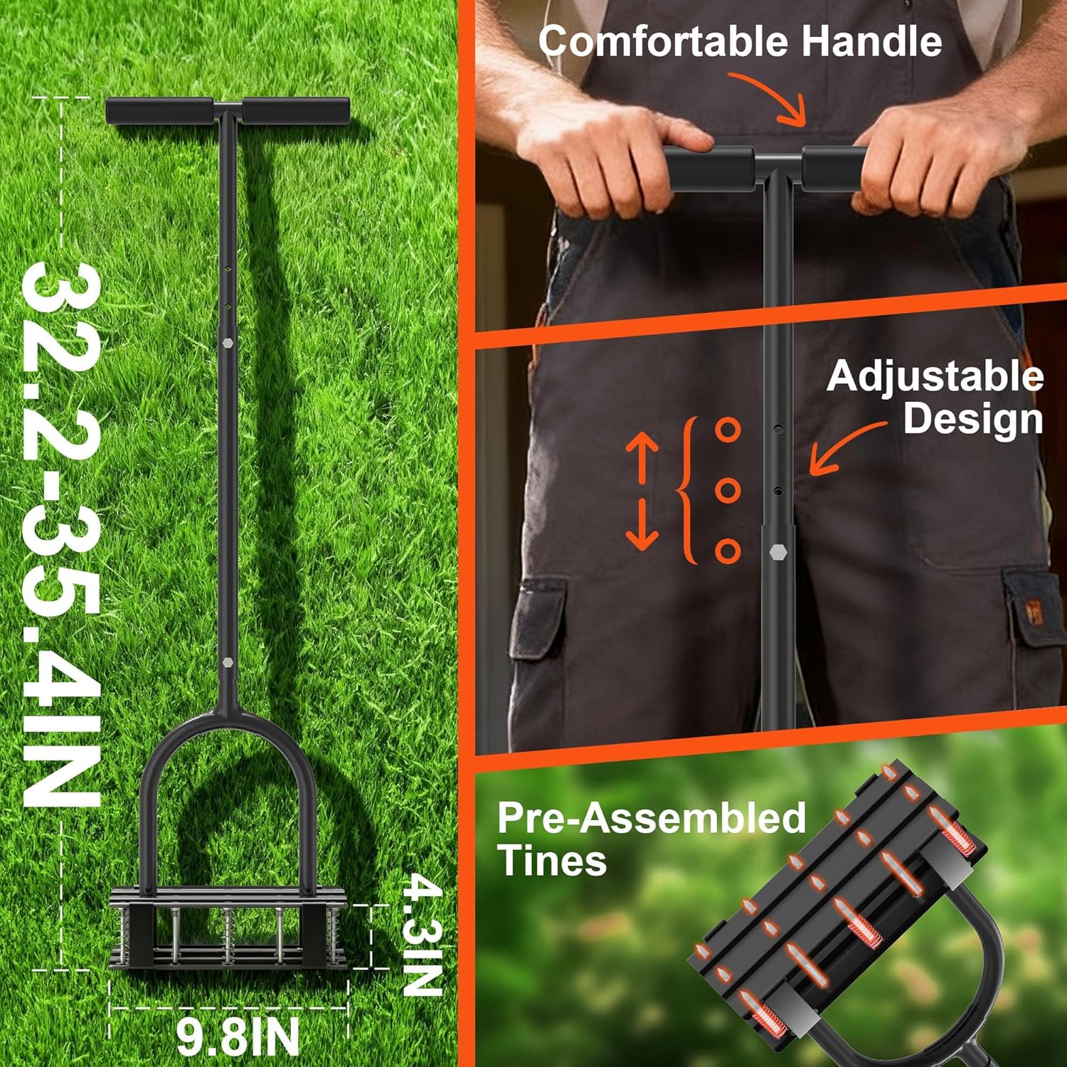 Aerator Lawn Tool - 2-in-1 Reinforced Heavy Duty Manual Lawn Aerator with 15 Spikes, Automatic Dirt and Leaf Clean Design, Adjustable T-Handle (Black)