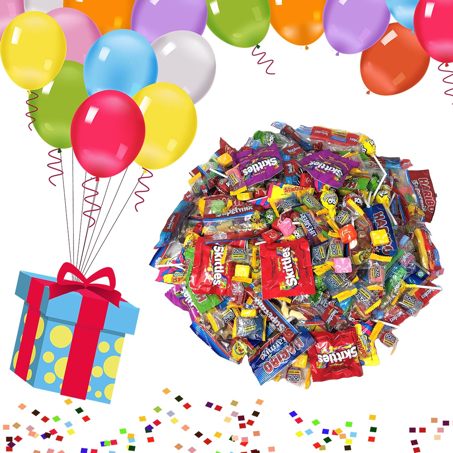 ASSORTED VARIETY BULK CANDY MIX, 5 LB of Assorted Individually Wrapped, Snack Size Candy Mix, Skittles, Starburst, Haribo, Jolly Ranchers and More for Pinata Filler, Kids Parties and Office Candy