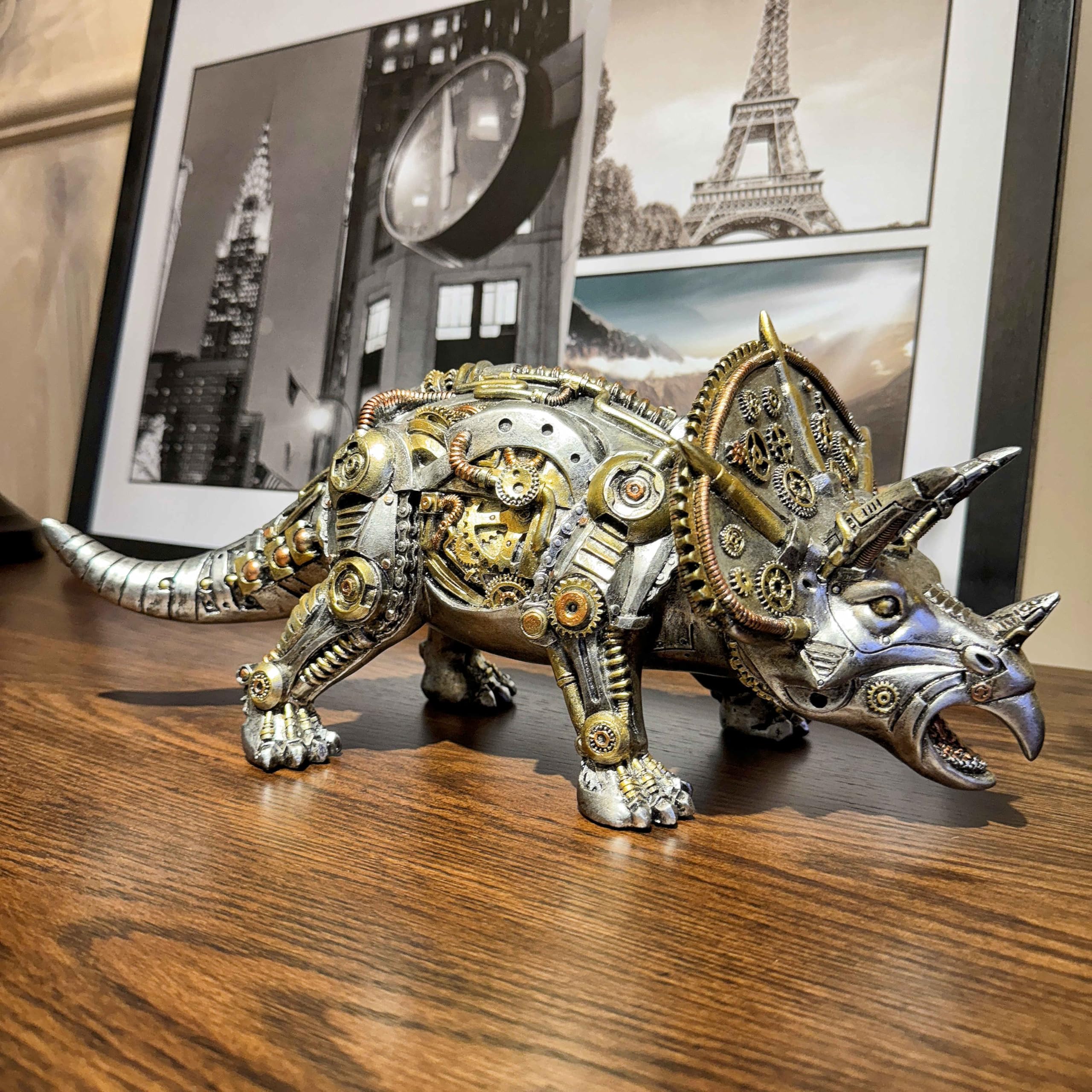 OUTOUR Steampunk Triceratops statuetka dinozaura, 38 cm, długa figurka z żywicy, dekoracja biurka, rzeźba, zwierzę, kolekcja, prezent dla mężczyzn, mężczyzn, dekoracja jaskini