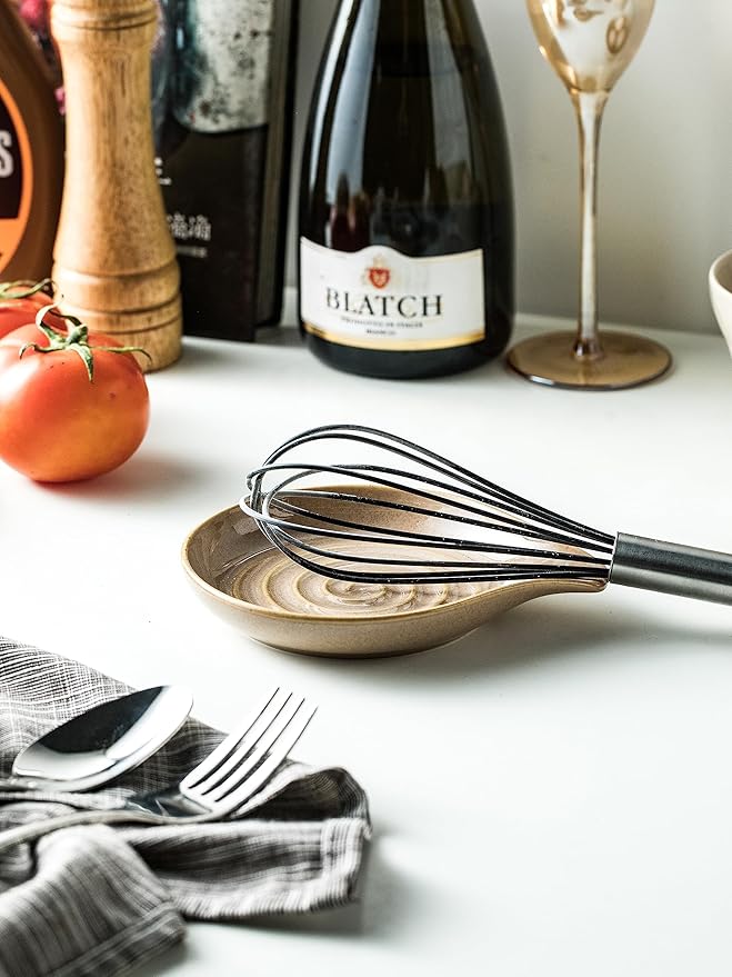 Spoon Rest, Porcelain Drip Tray for Multiple Utensils, Cooking&Large Spoon Holder for Stove Top, Modern Farmhouse Kitchen Decor Utensil Holder for Spoons, Ladles, Tongs&Spatula, Black