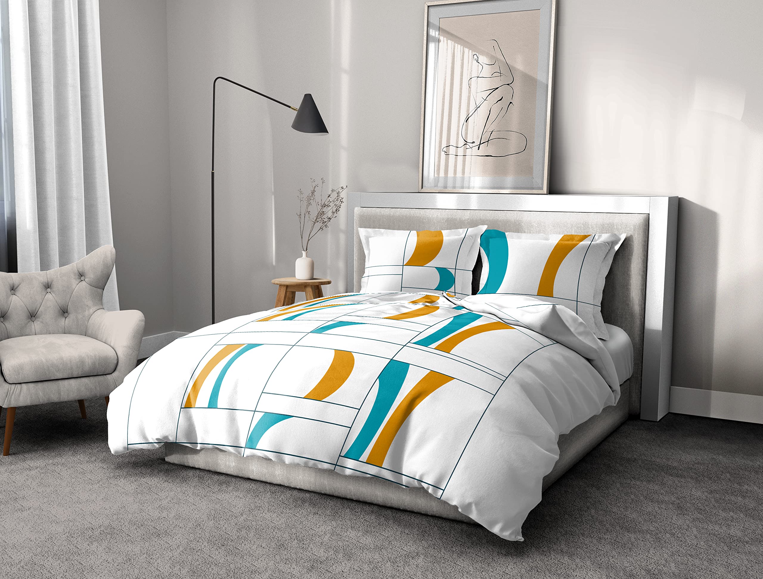 Home Linge Passion, Duvet Cover – 3 Pieces, 100% Cotton – 57 Thread Count, Double – 220 x 240 cm, Atoll Turquoise-Orange White