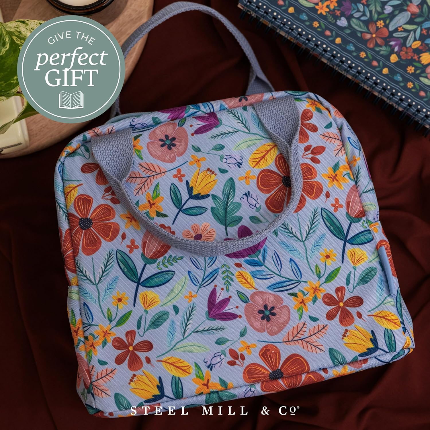 Steel Mill & Co Insulated Lunch Tote Bag for Women, Large Capacity Cooler Lunch Box, Cute Lunch Bag for Adults, Mini Cooler with Zipper Closure, Pockets, and Sturdy Handles (Folk Floral Multi)