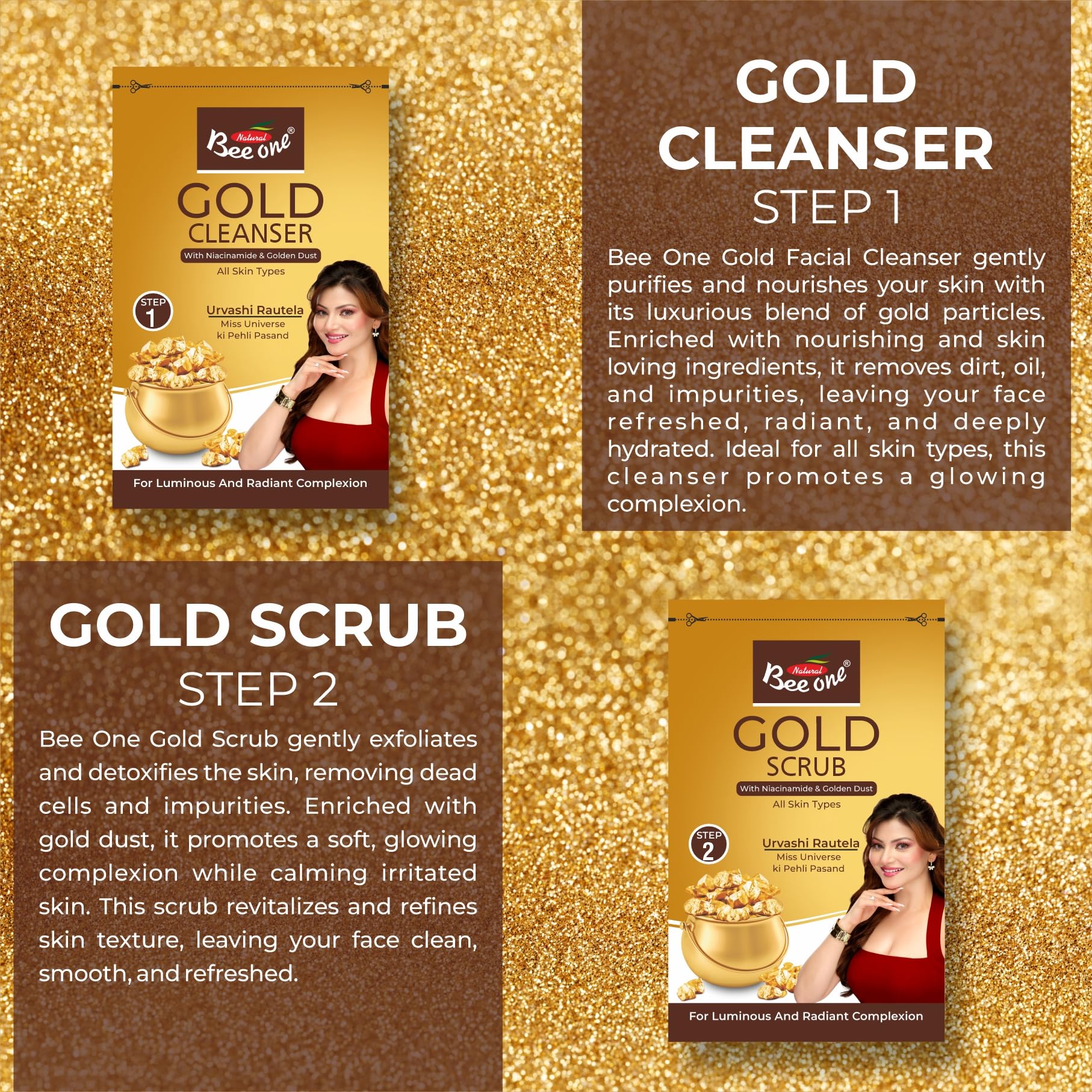 Bee One Gold Facial Kit 26g (Pack of 2) | Facial Kit for Glowing Skin for Women | With Niacinamide & Golden Dust | Radiant & Youthful Glow | Helps Reduce Pigmentation & Acne | Suitable for All Skin Types 1