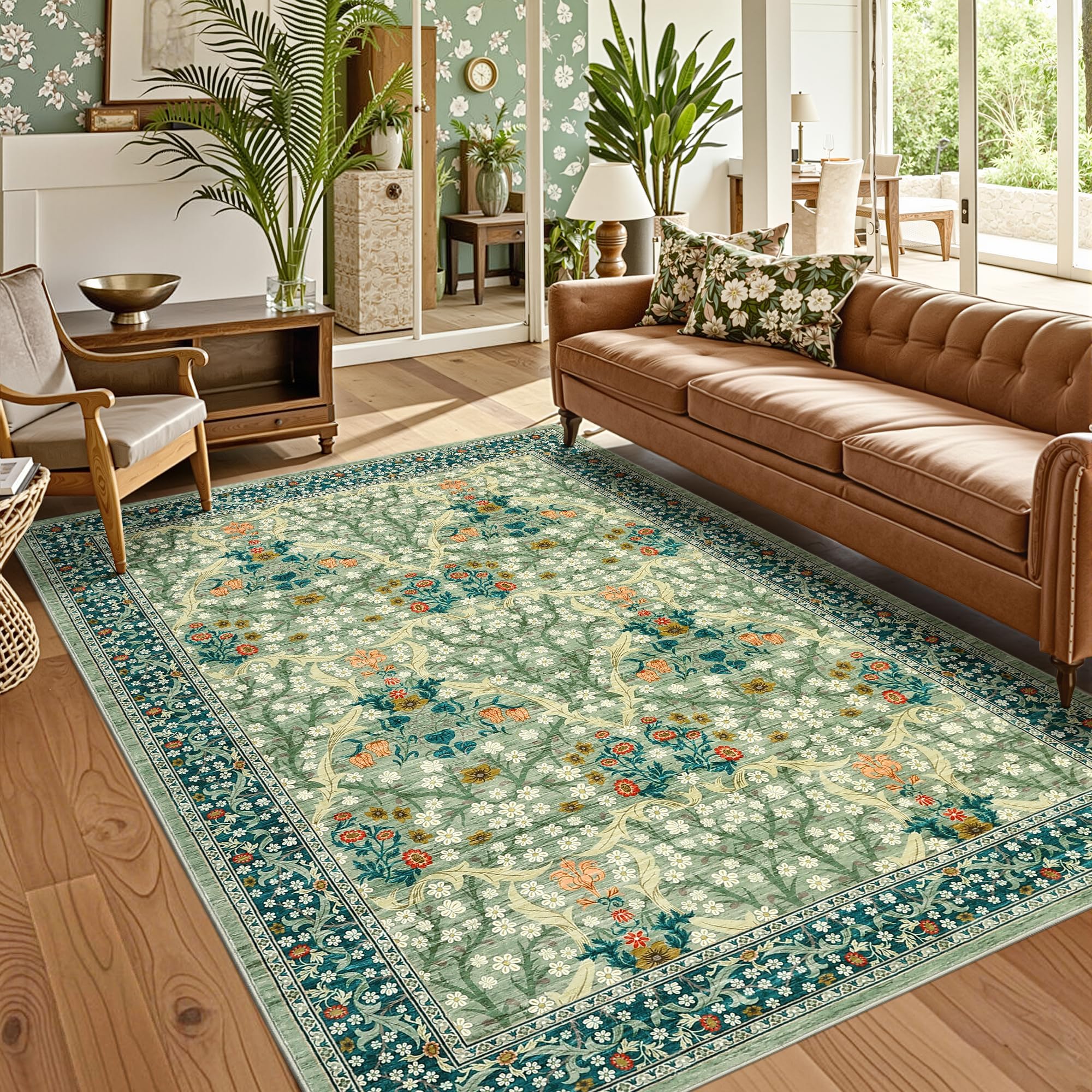 120x170cm Large Floral Area Rug Washable for Living Room Spring Green