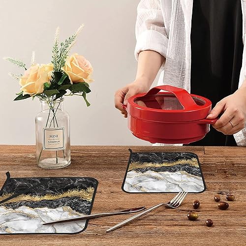 Miniatura 6 de Juego de 2 soportes para ollas de mármol blanco y negro, dorado, resistentes al calor, para microondas, horno, horno, platos y barbacoa