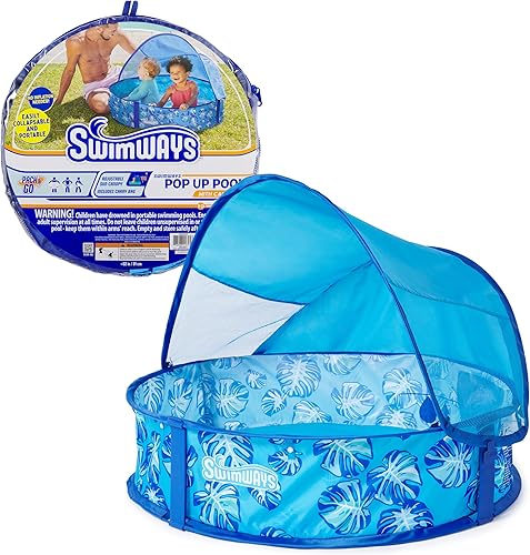 SwimWays Elite - Piscina desplegable sobre el suelo, piscina para bebés con toldo y funda de transporte, piscina plegable para niños de 9 a 24