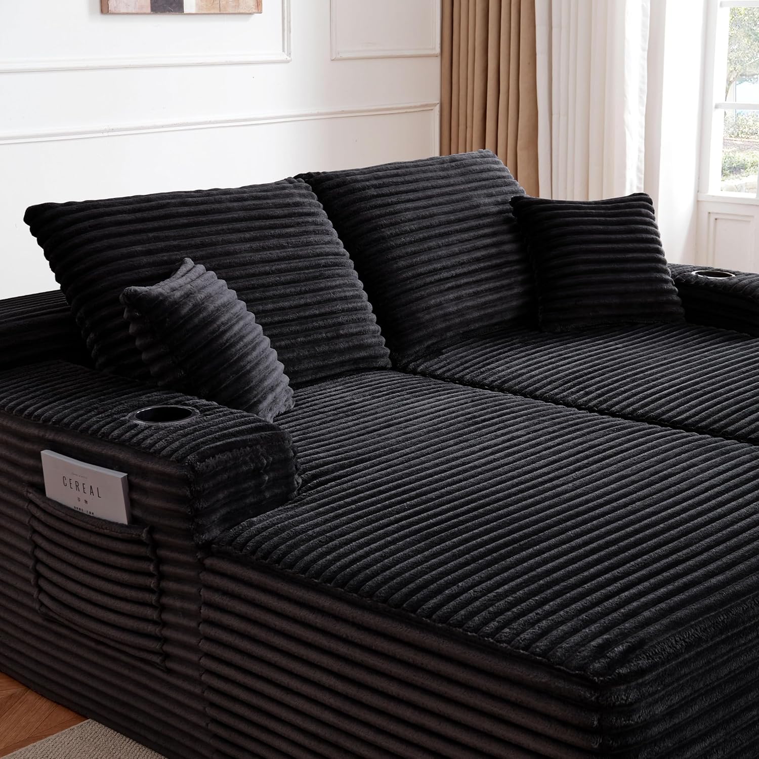 69-Inch Fluffy Corduroy Boneless Sleeper Daybed Loveseat Double Recliner Chaise Lounge Sofa Couches, Floor Cloud Sofa Chaise W/4 Pillows for Home Apartment Living Room