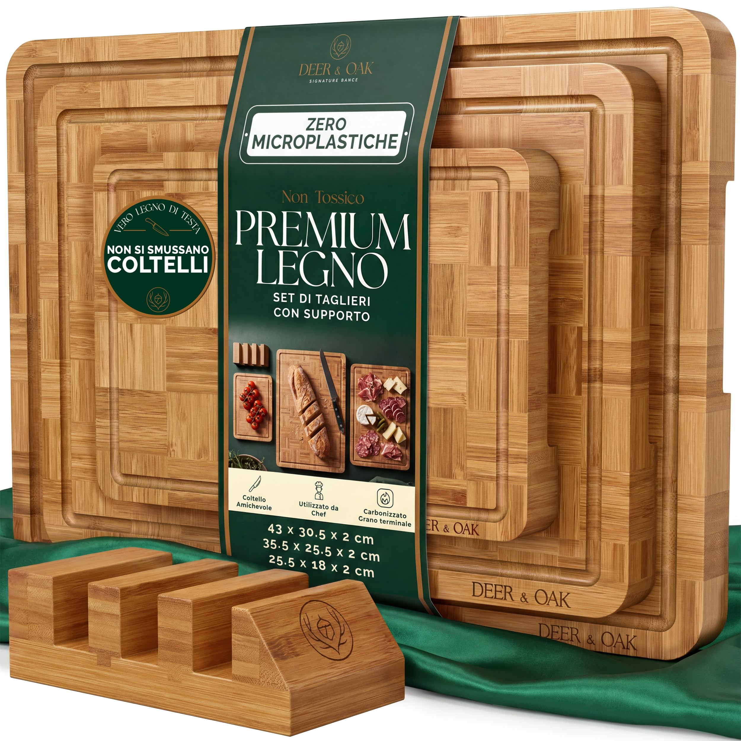 Deer & Oak Set 3 Taglieri in Bambù Carbonizzato con Supporto | Legno pre-oliato · Motivo intrecciato a cesto · Resistenti