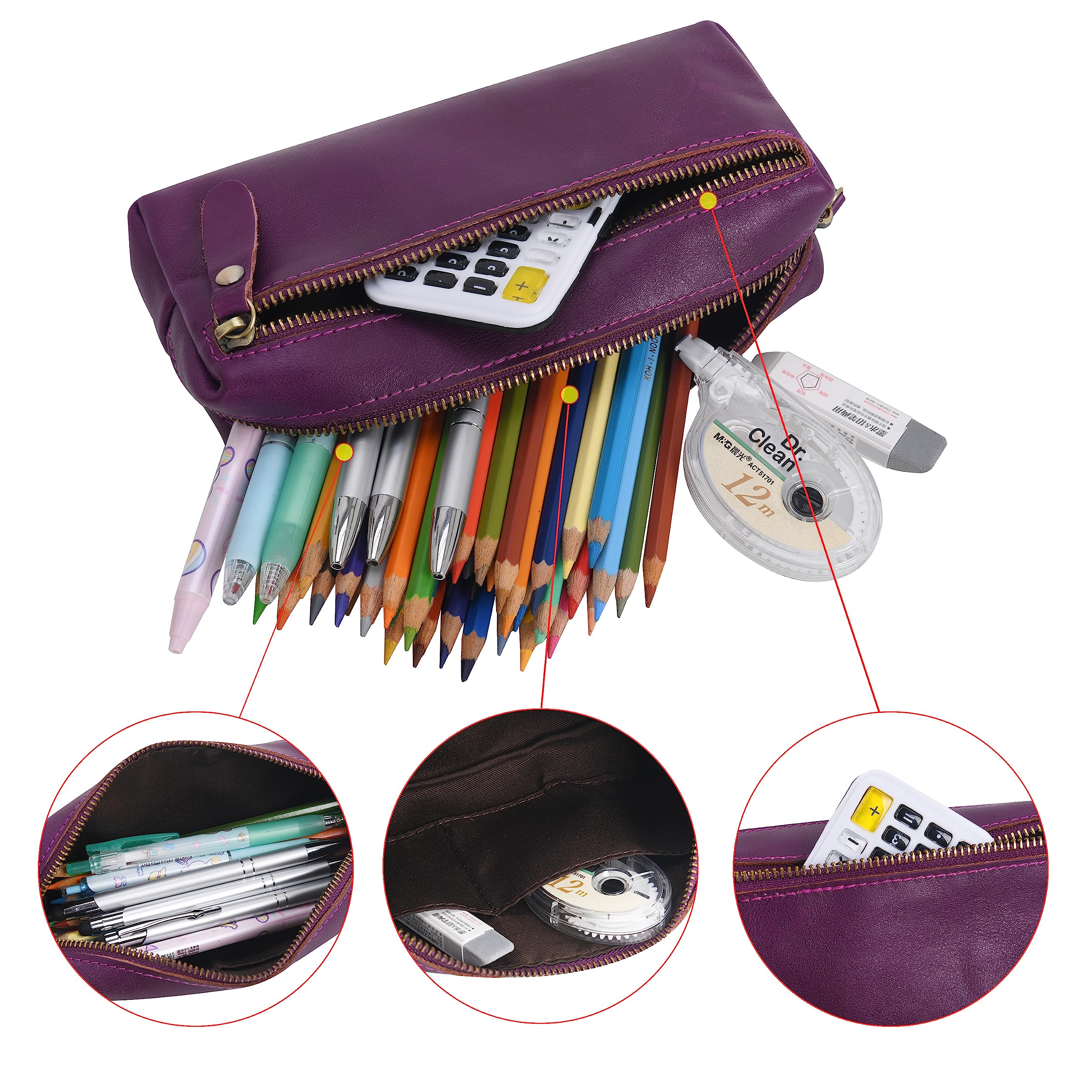 WONDERPOOL Pen Case Real Leather Pencil Pouch Markers Holder Big Capacity Bag with Side Zippered Pocket Sleeve for Stationery Makeup Utensils Organizer (Purple) - Image 4