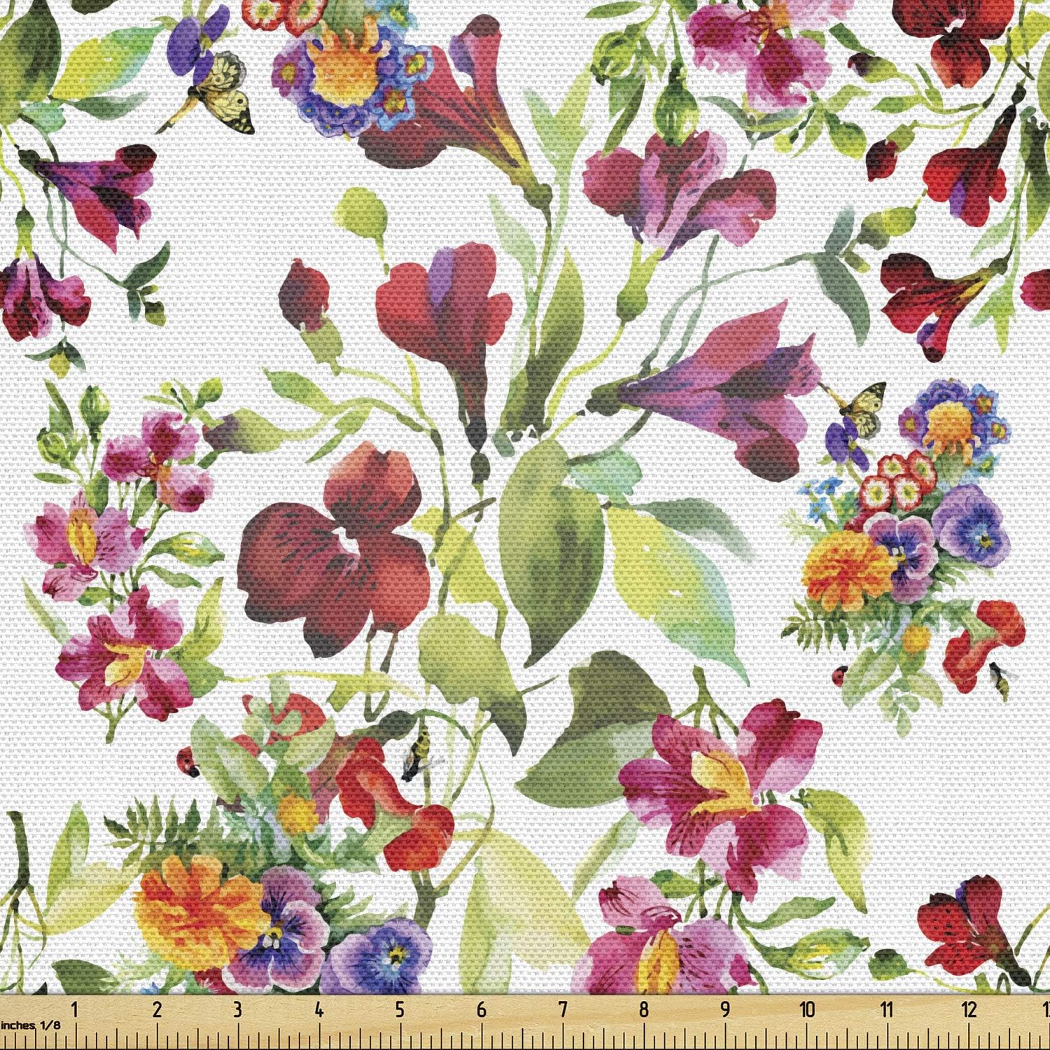 Ambesonne Garden Art Fabric by The Yard, Watercolor Style Composition with Colorful Wildflowers Blossoming Seasonal Flora, Decorative Fabric for Upholstery and Home Accents, 3 Yards, Multicolor
