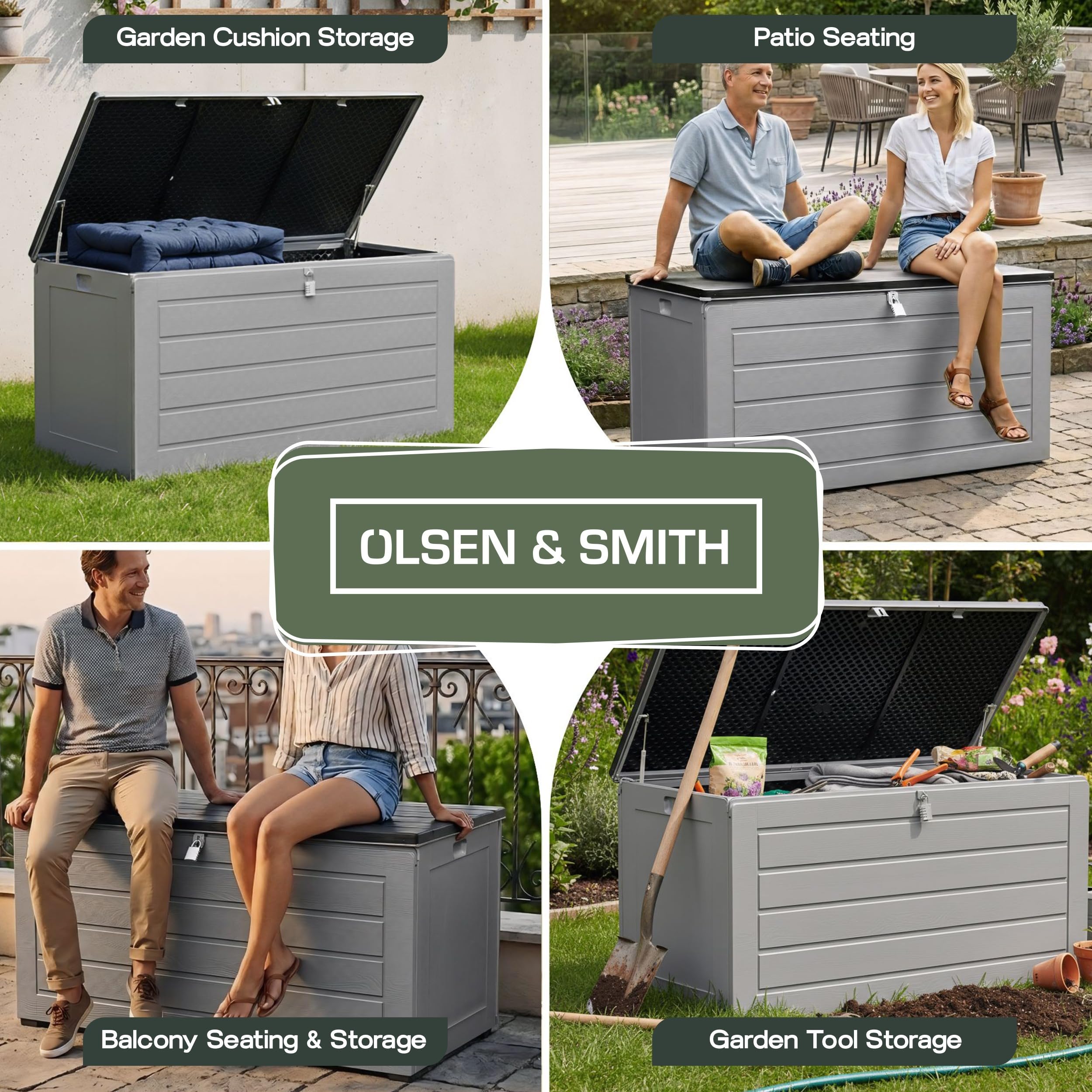 Olsen & Smith 680L XL Outdoor Garden Storage Box, Weatherproof Wood Effect Outdoor Storage Box, Lockable Large Storage Box with Lid, Padlock, Seat, Storage Boxes with Lids, Anthracite, 146 x 71 x 75cm — view 6