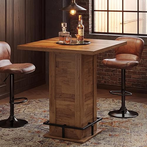 Tribesigns Square Bar Dining Table, 39.4" H Counter Height Dining Table, Small Kitchen Bar Table with Footrest, for Dining Room, Kitchen, Restaurant, Cafe, Pub, Rustic Brown