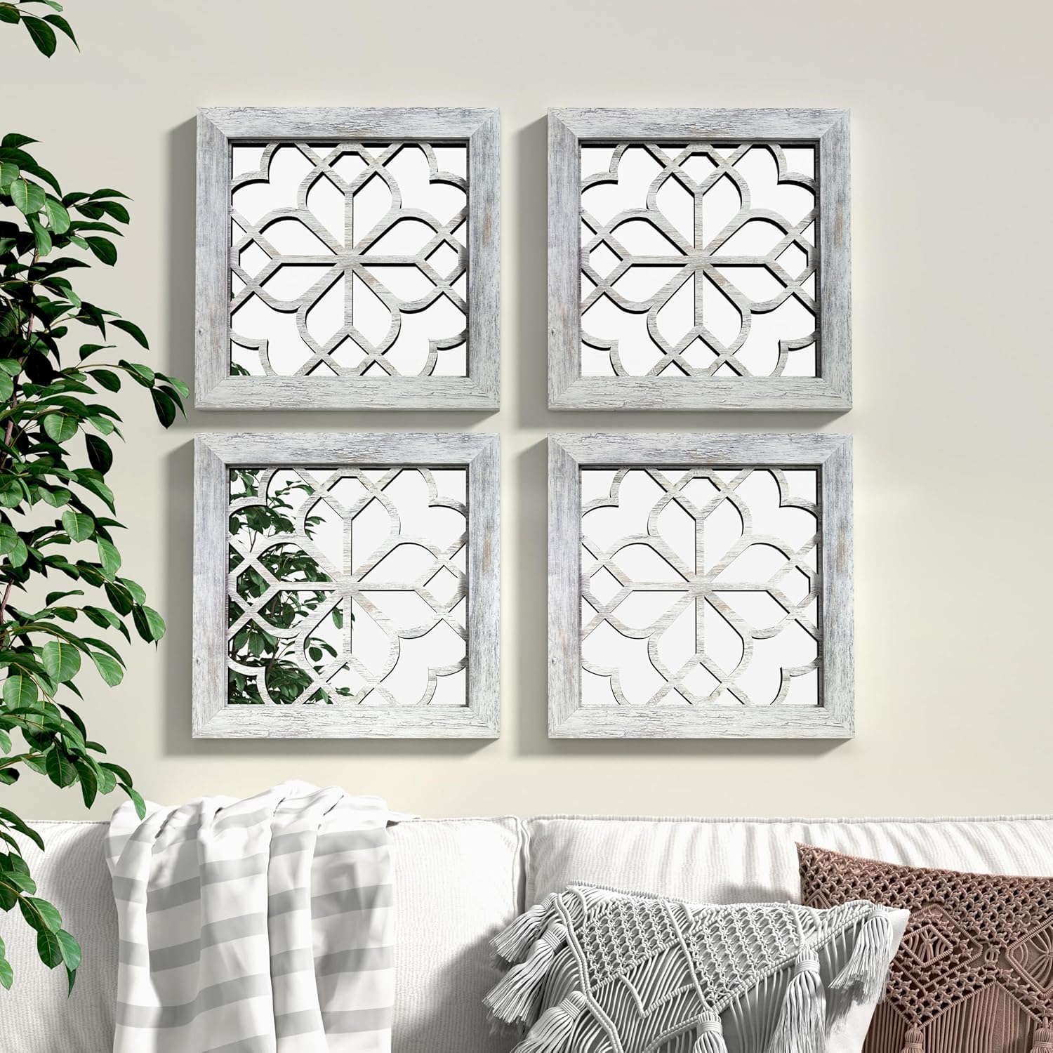 Boho Square Wall Mirrors Set of 2-12" x12'Decorative Mirrors for Wall Decor, BrownHandcrafted Mirror Panels Perfect for LivingRoom Bedroom Entryway Hallway (Grey) Grey 12*12in-2Pcs image 7 of 9 B0F66H7QRG