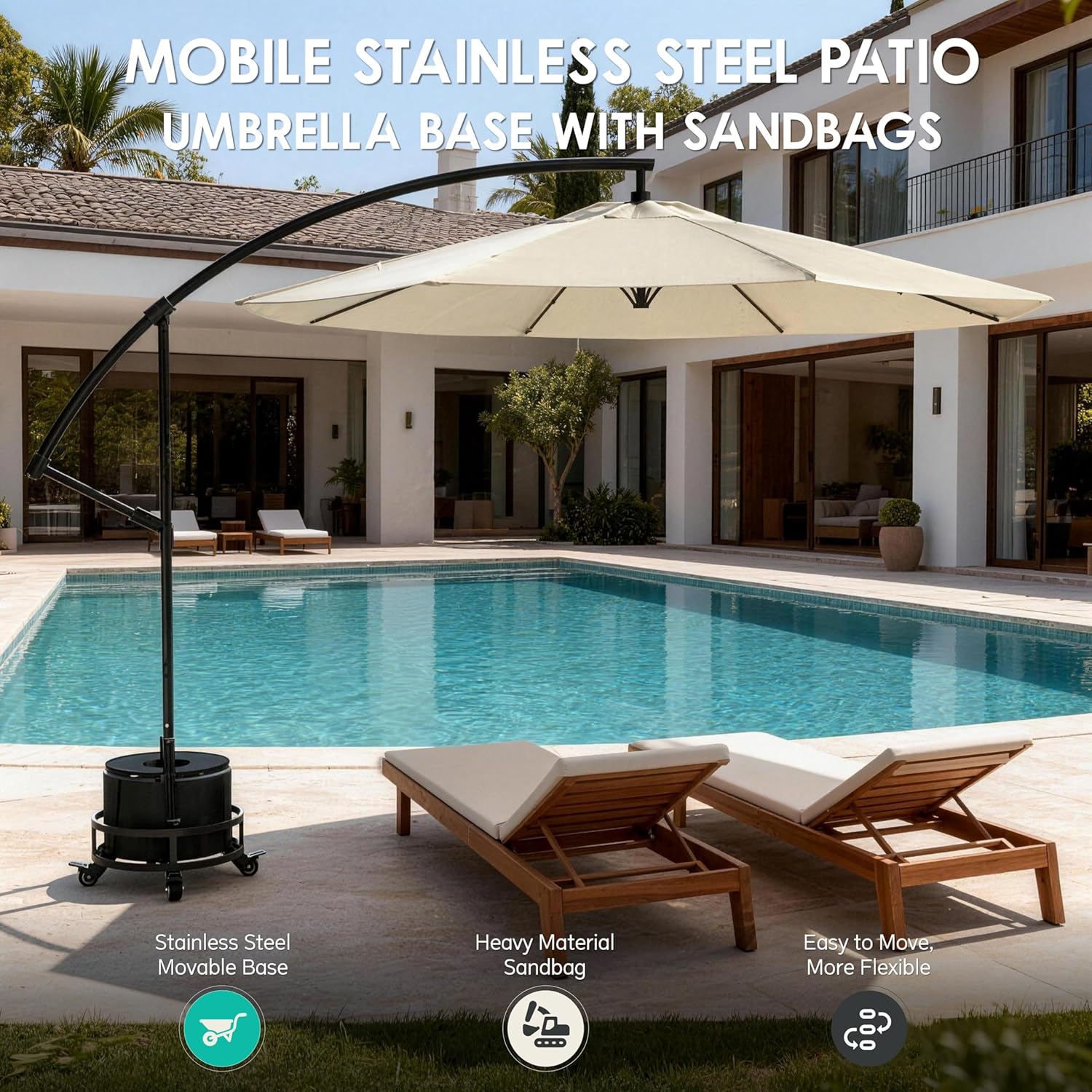 Sandbag and Umbrella Base, 1680D Waterproof Oxford Cloth Sandbag holds up to 58 lbs of sand, for Patio, Deck, Poolside, features 4 wheels, 2 locking wheels, 2 knobs, Baked-enameled Stainless Steel.